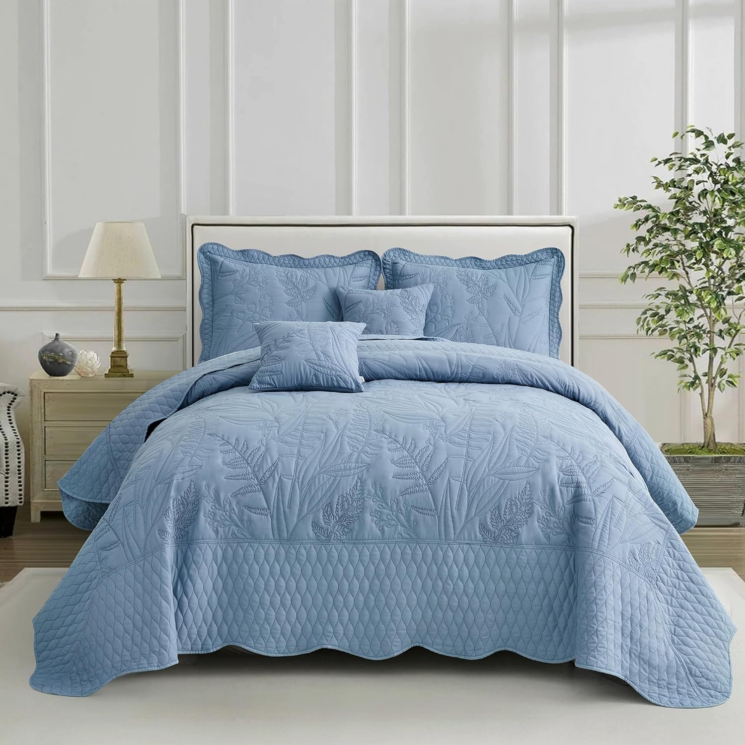 DaisyHuang Botanical Bedspread Set - Leaves Pattern Reversible 4 Piece Ashley Blue