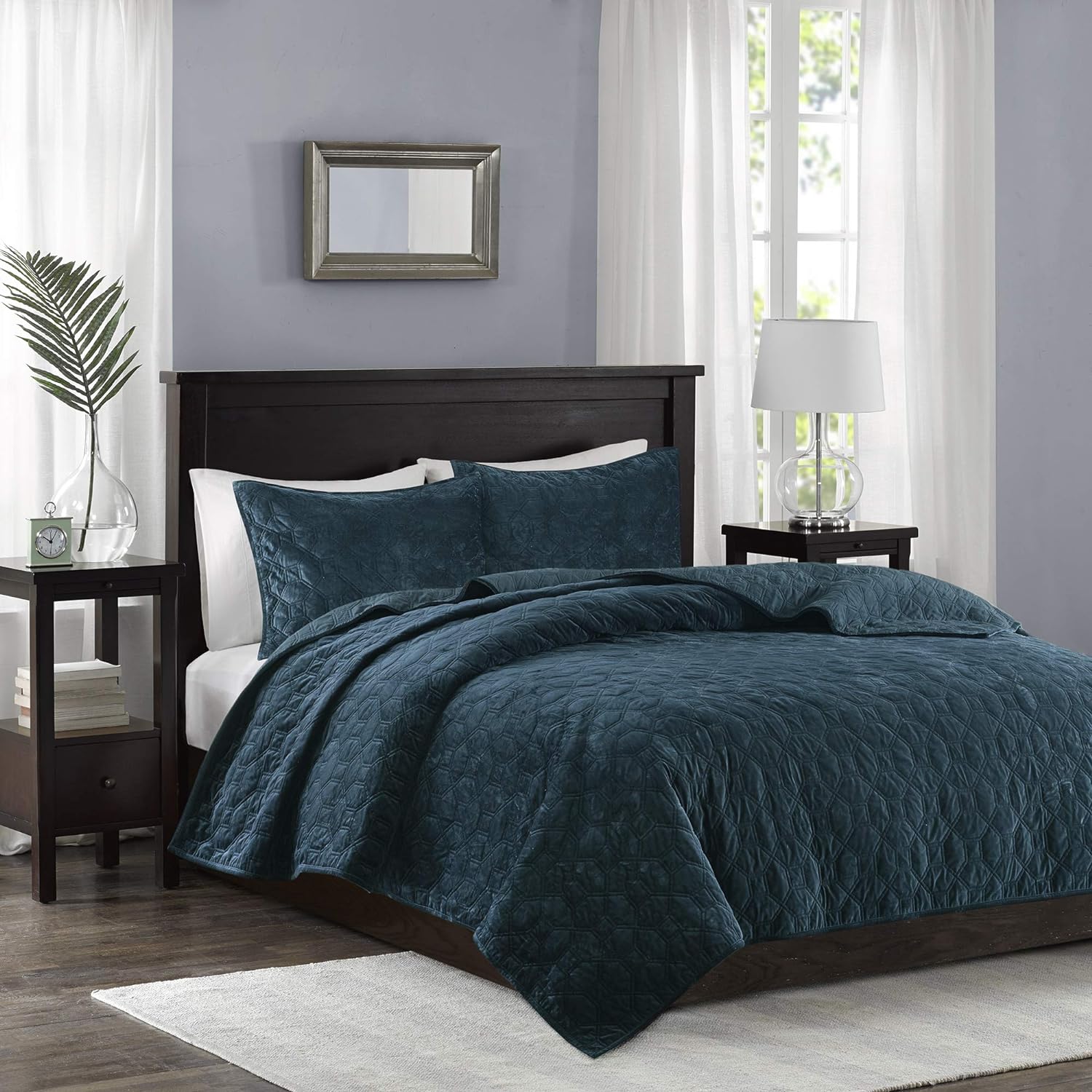 Madison Park Harper Velvet Quilt Set Teal 3 Piece