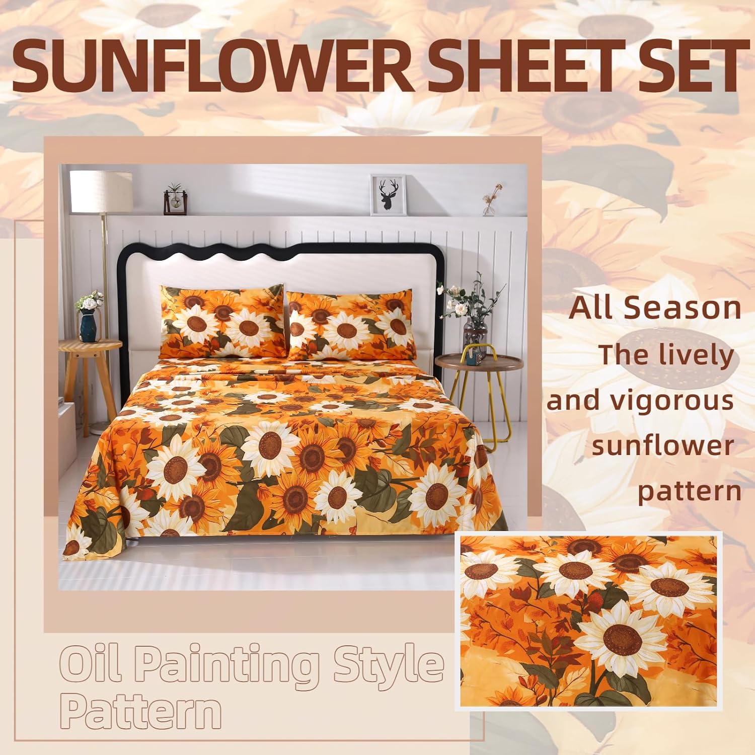 MAG 4Pcs Floral Queen Bed Sheet Set with Deep Pocket