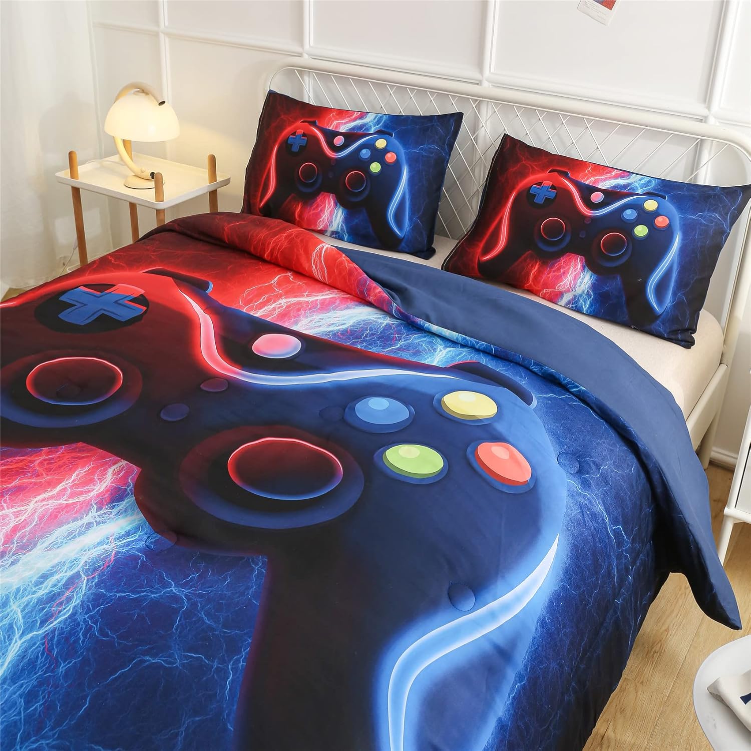 Gamer Gamepad Comforter Set for Boys Red-Blue Lightning Design