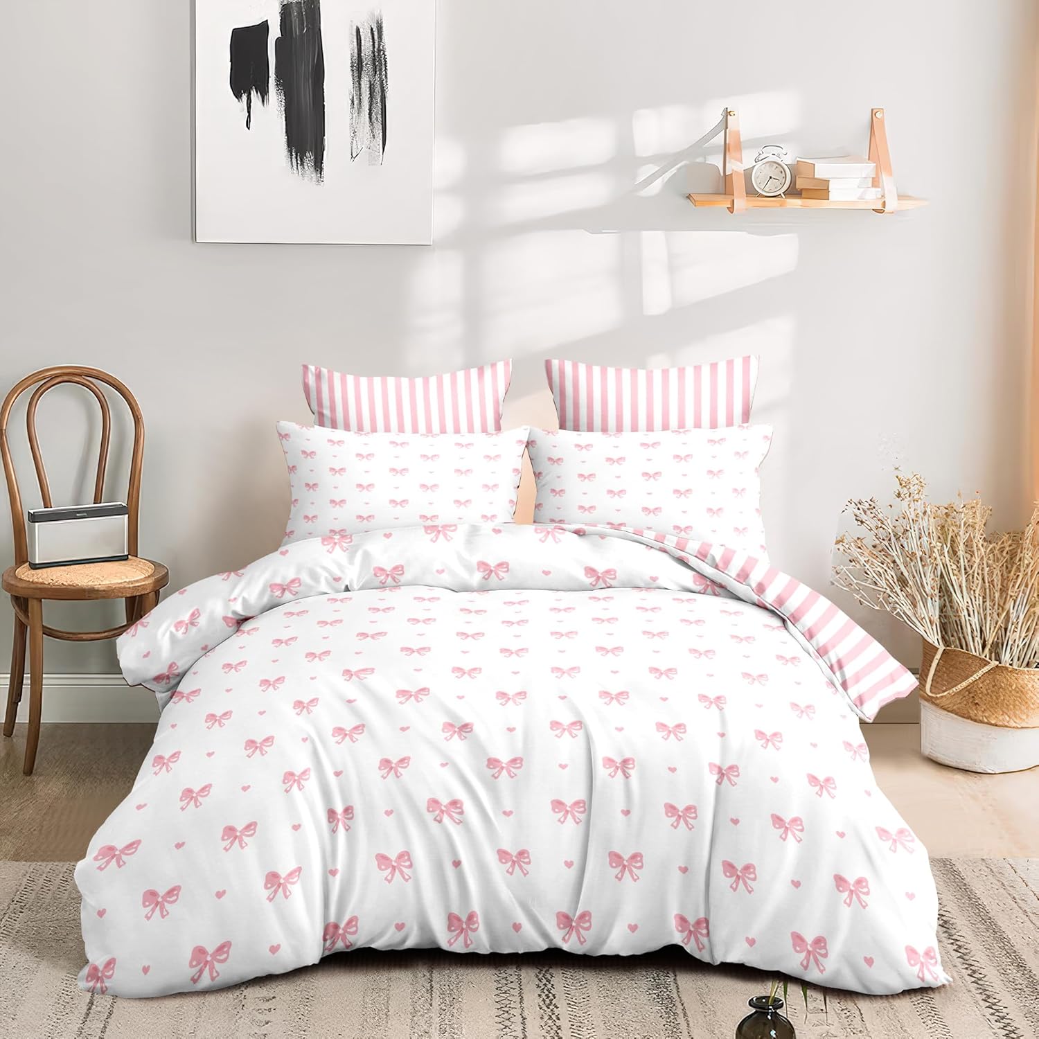 Sedefen Bow Comforter Set Queen Size Pink Striped