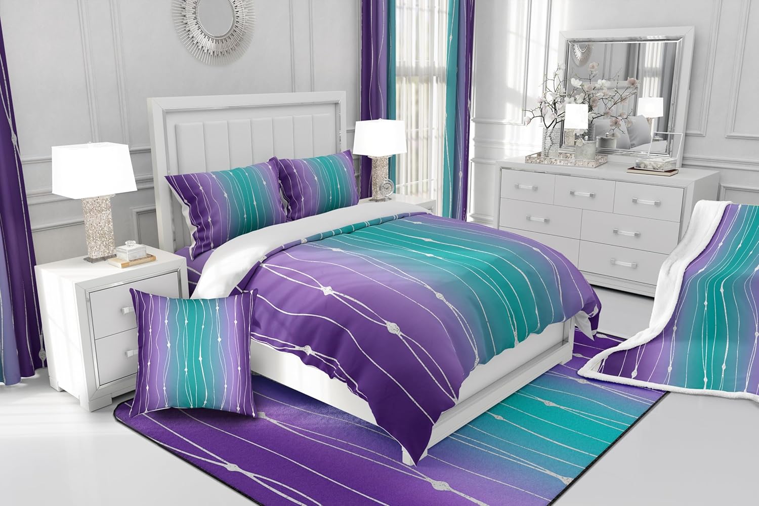 Erosebridal Teal Purple Gradient King Size Coverlet Set