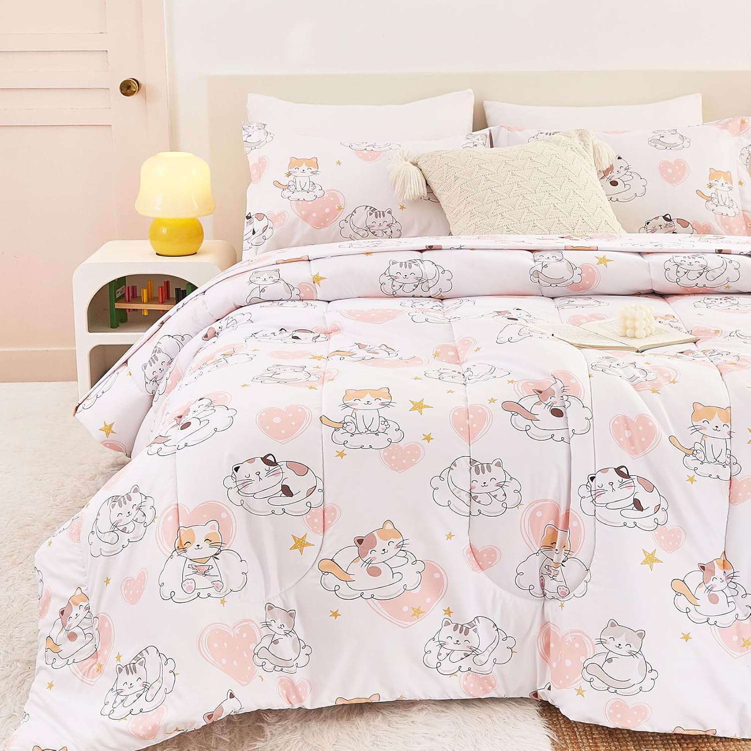 Yibeizi Cat Comforter Set for Girls Twin