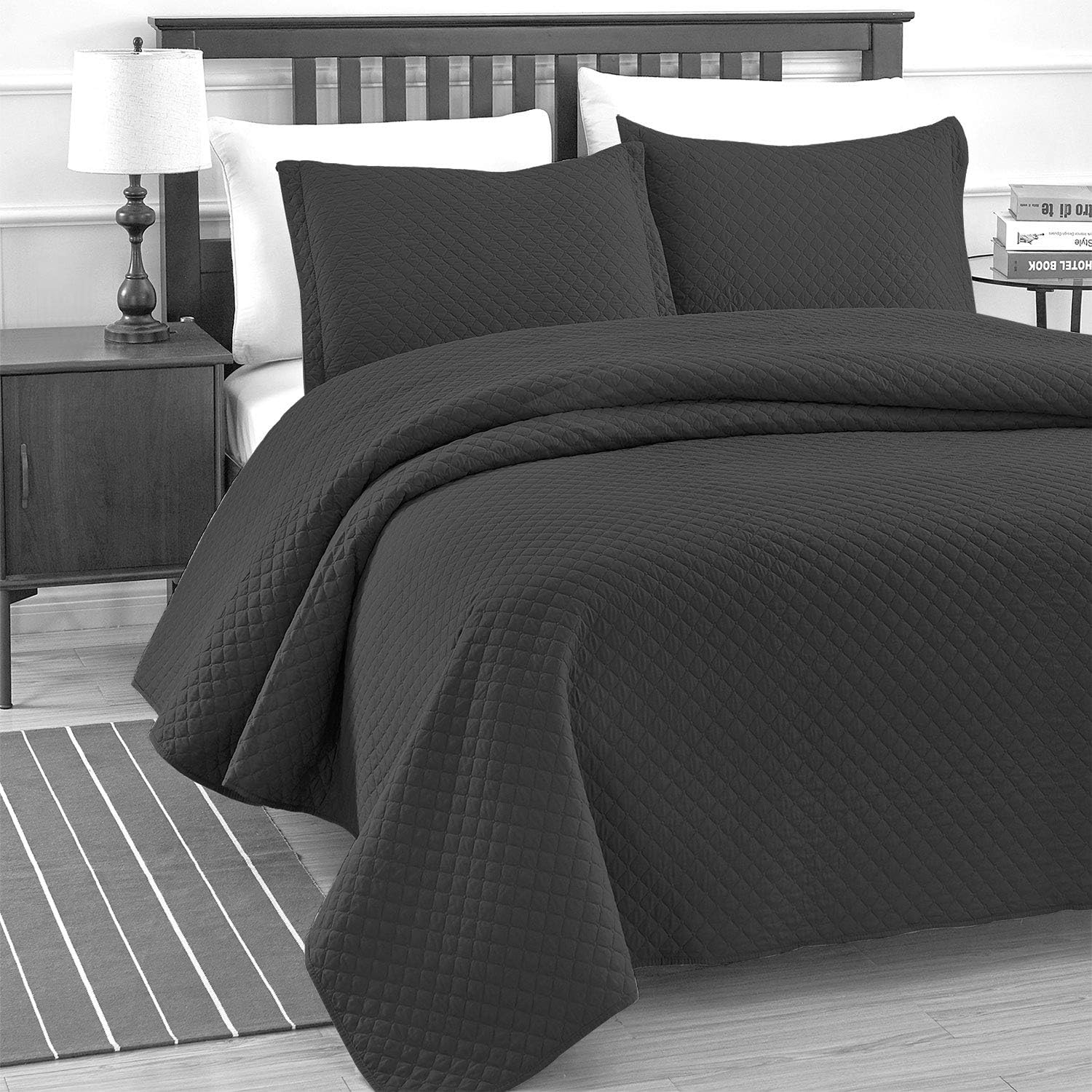 BASIC CHOICE Luxe Bedding 3-Piece Diamond Bedspread Coverlet Set FullQueen Black