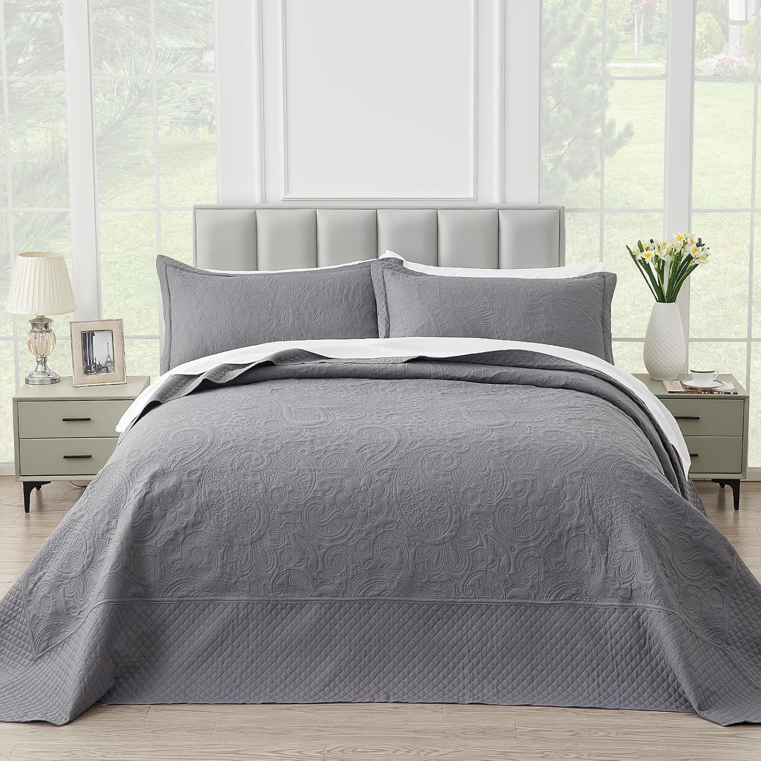 Suchbed California King Bedspread Set 128x120 Grey Paisley Quilt