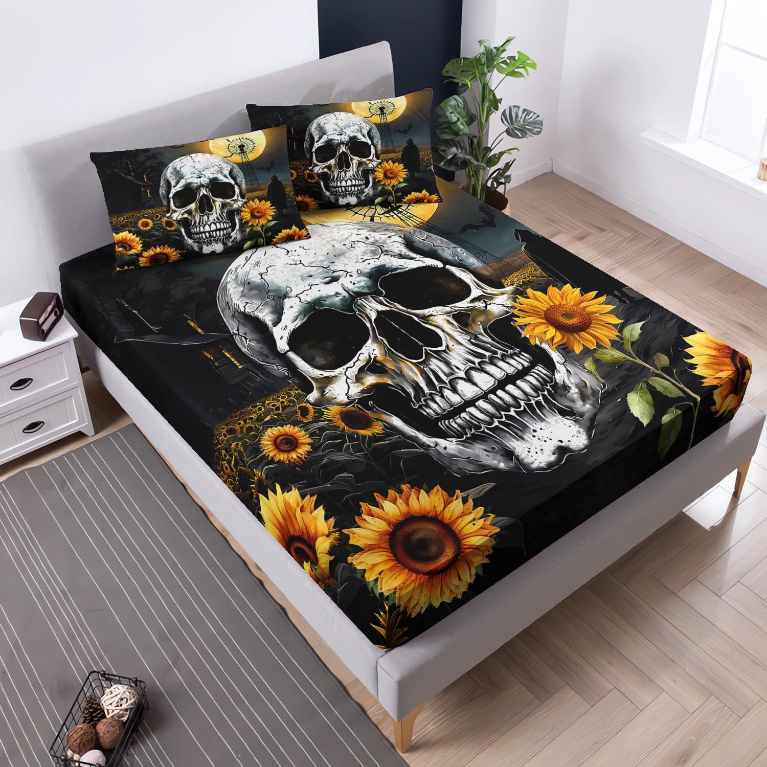 Gothic Skull Fitted Sheet with Sunflower Pattern Queen Size Set