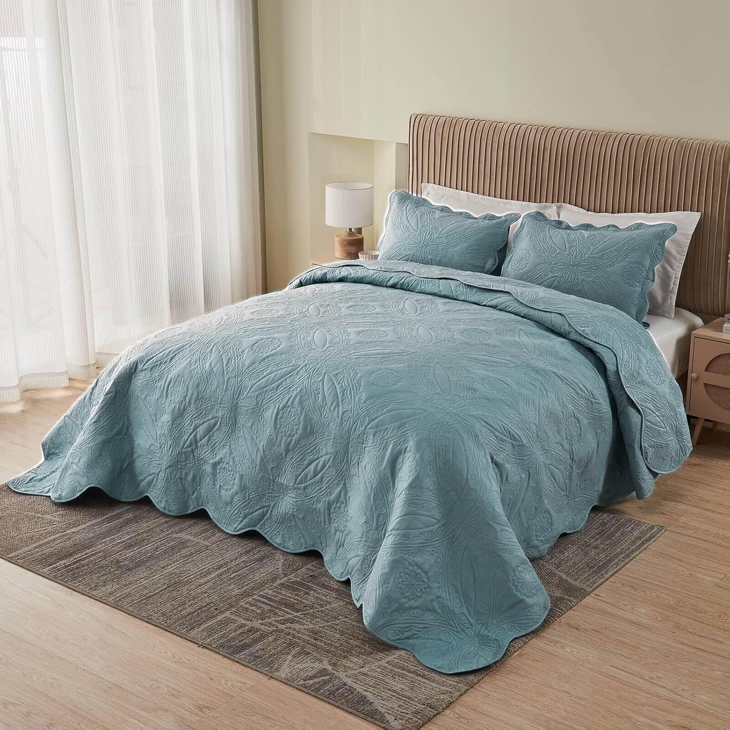 Kingnex Oversized Cal King Bedspread Set 3 Pieces Blue