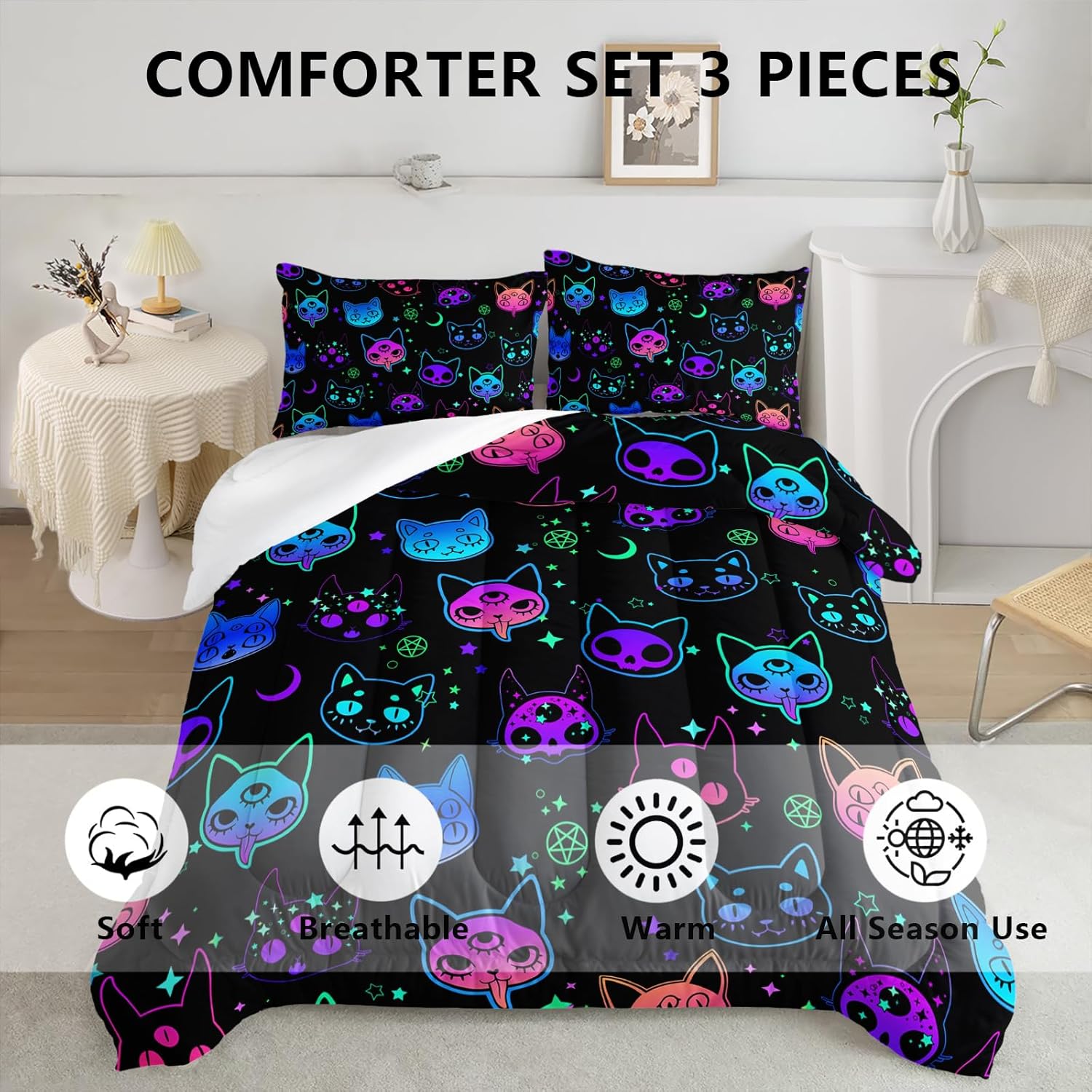 Axolotl Cat Comforter Set Twin Neon Pattern