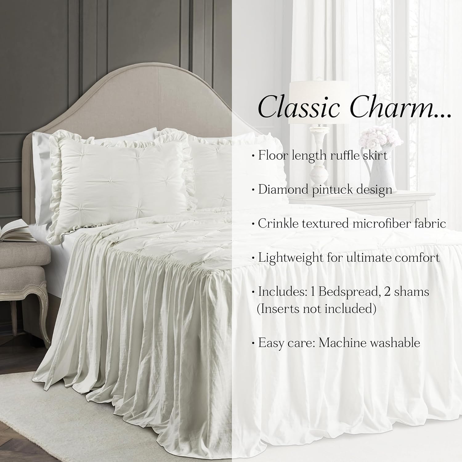 Lush Decor Ravello Pintuck Ruffle Skirt Bedspread Set King White