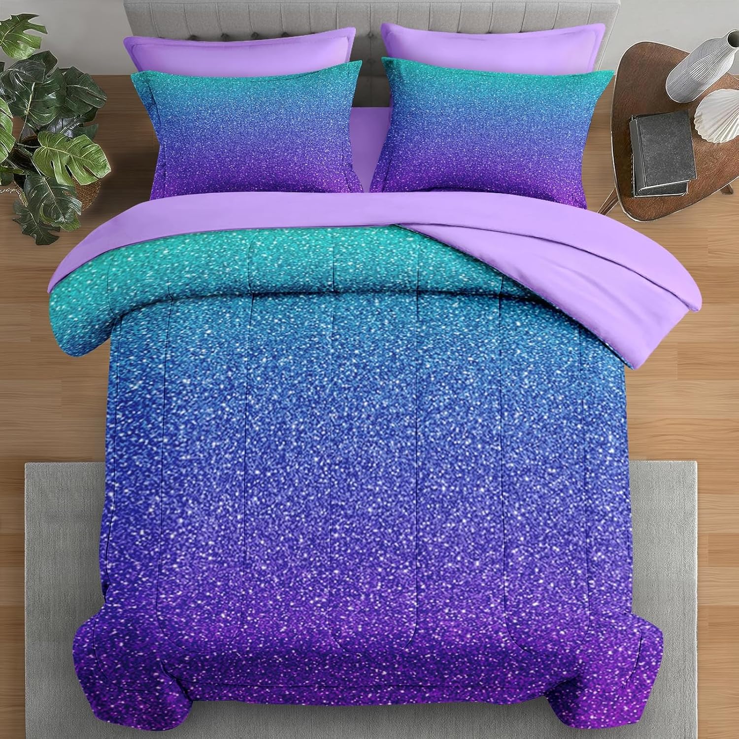 Pamnest Comforter Set Full Size Purple Glitter 7 Pcs