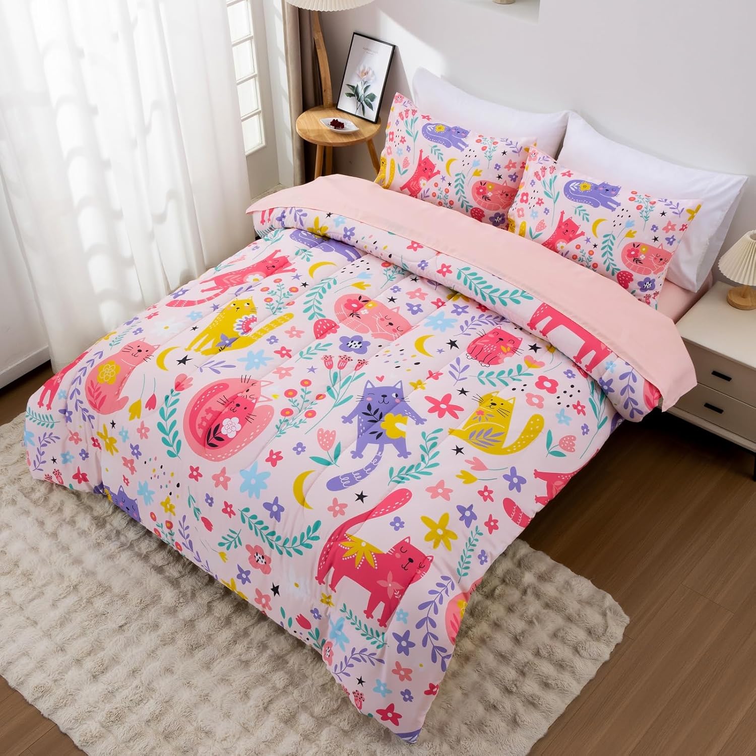 A Nice Night - Kids Boys Floral Cats Bedding Set 5Pcs