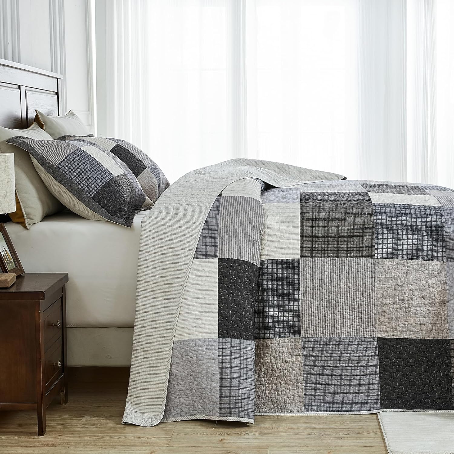 SahSahCasa 120x102 100 Cotton Oversized Queen Quilt Bedspread Set Gray 1