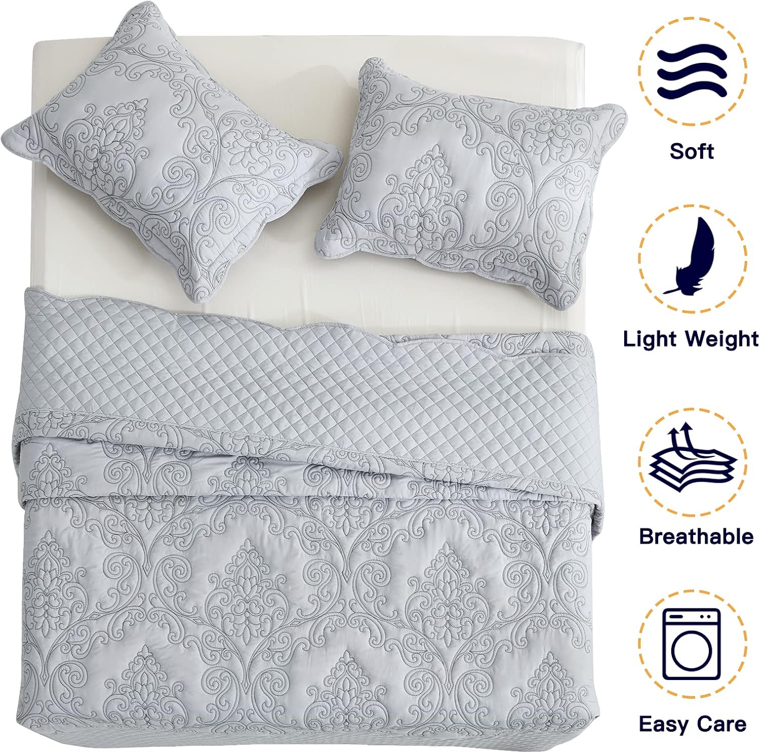 CHIXIN Full Size Bedspread Set - Damask Paisley Pattern 4-Piece Reversible