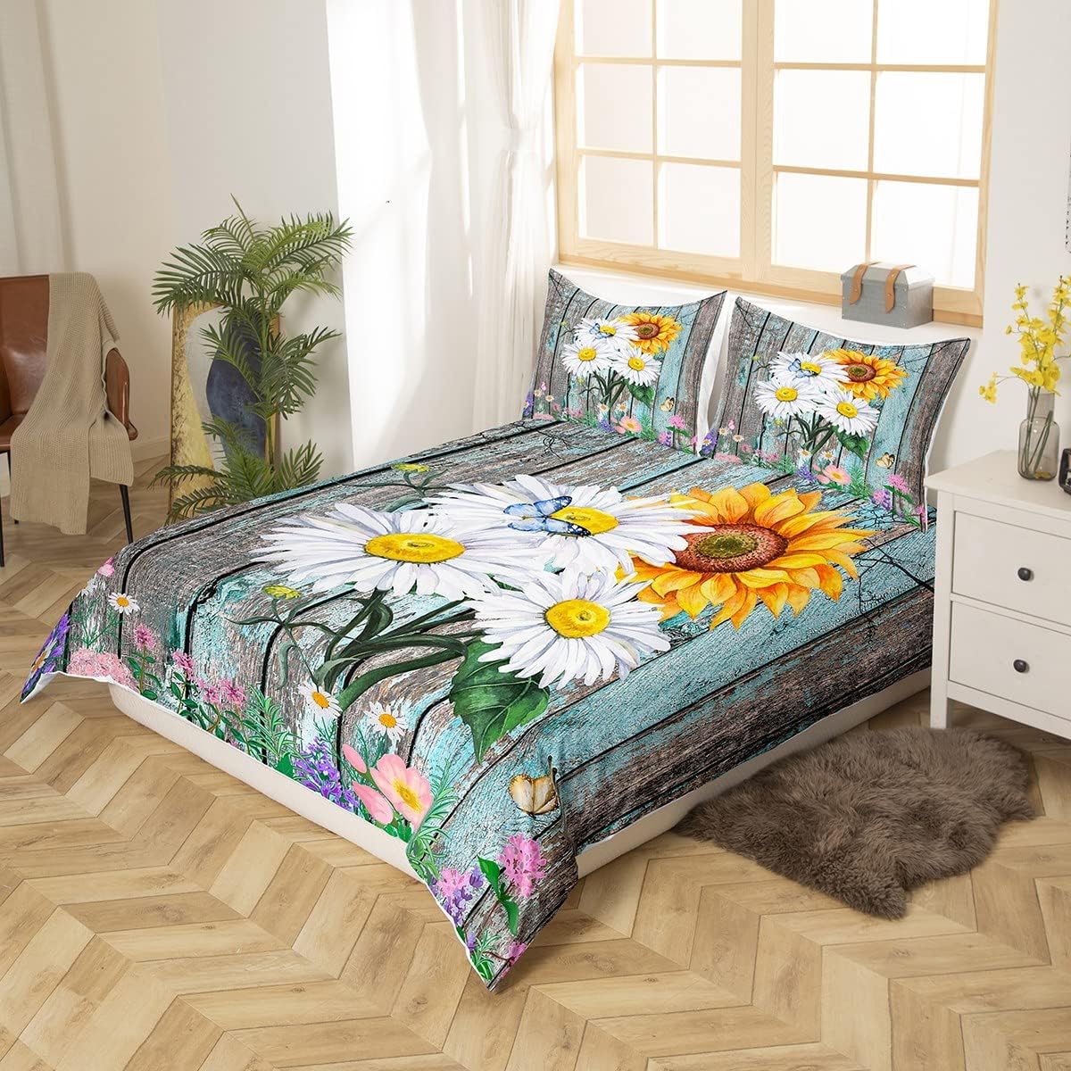 Feelyou Daisy Duvet Cover Set with Butterfly Design