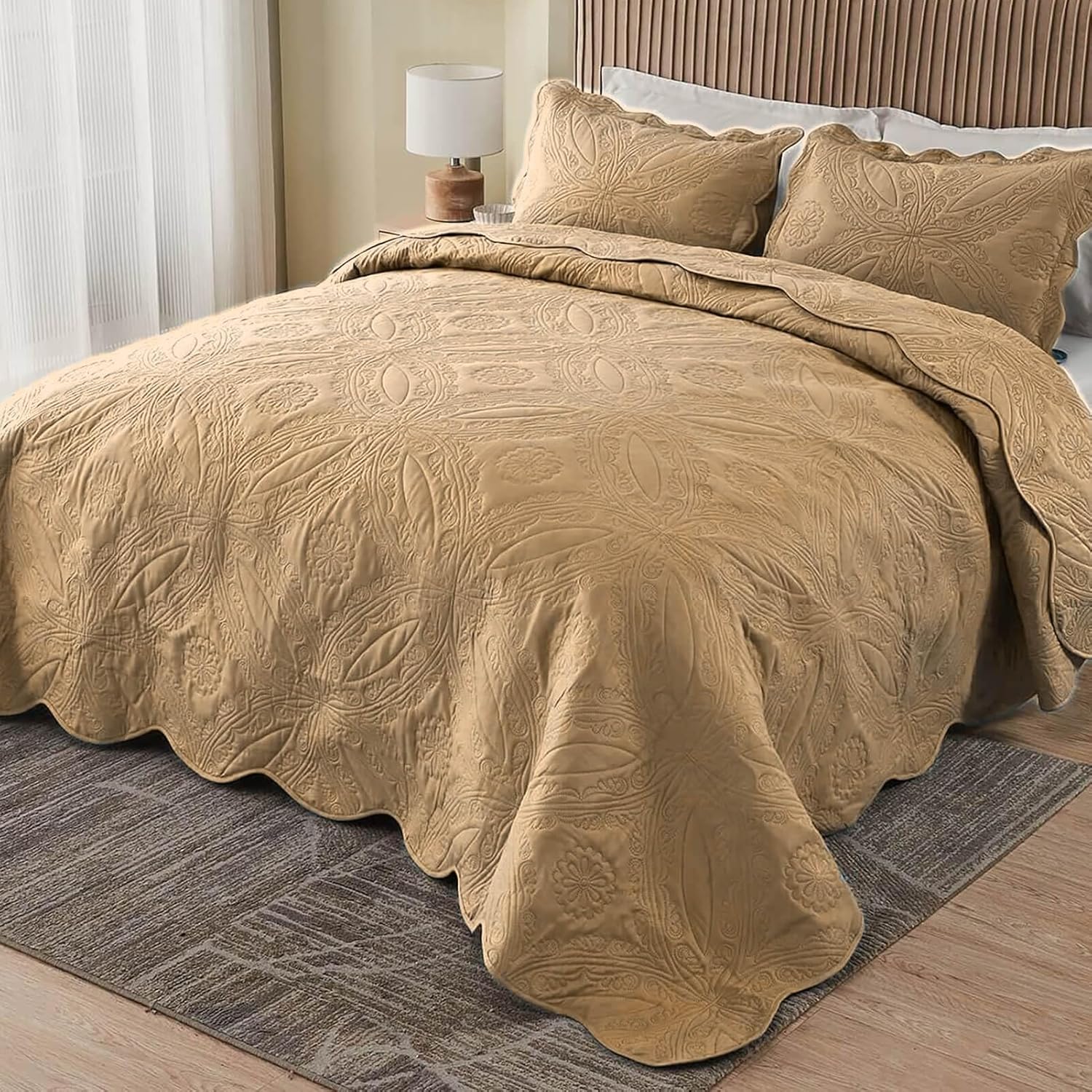 Kingnex Oversized King Bedspread Set 3 Piece Khaki 1