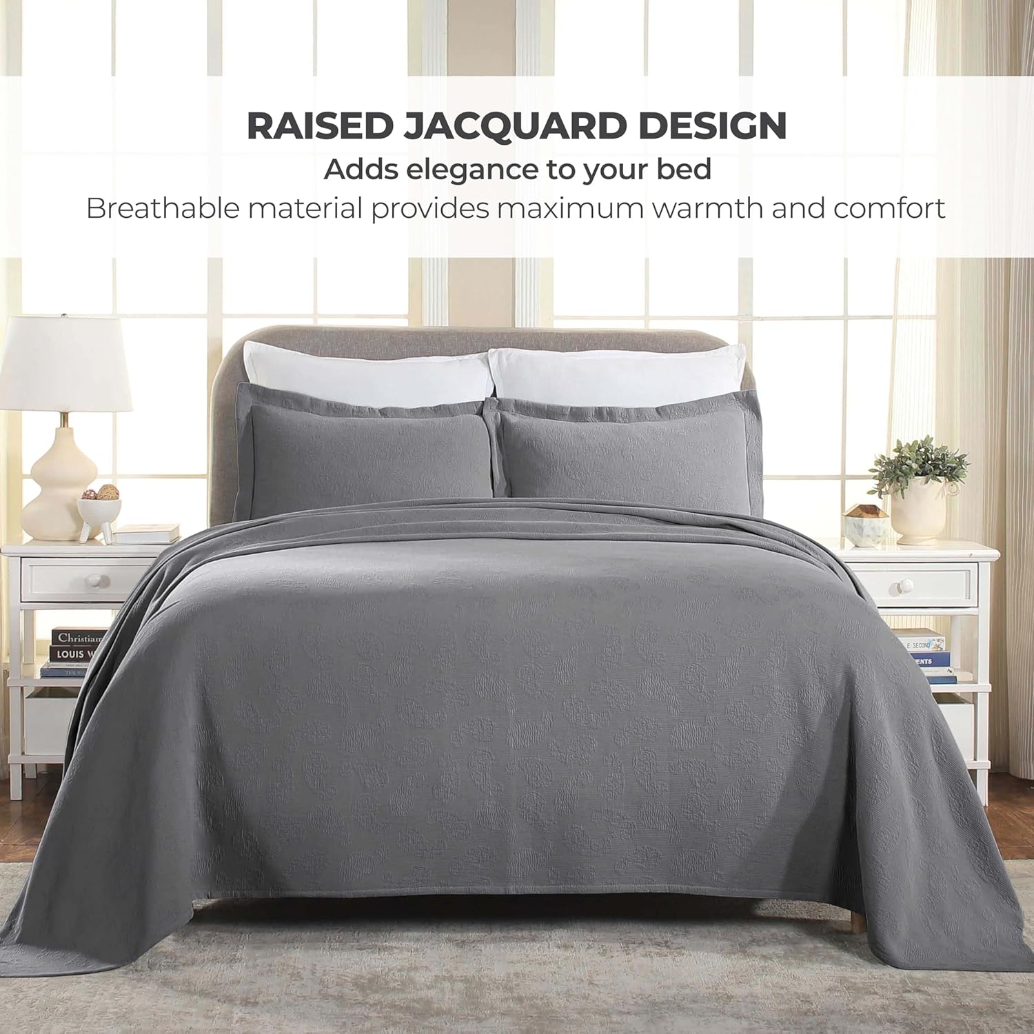 Superior Paisley 3 Piece Cotton Bedspread Set - Queen Size Grey