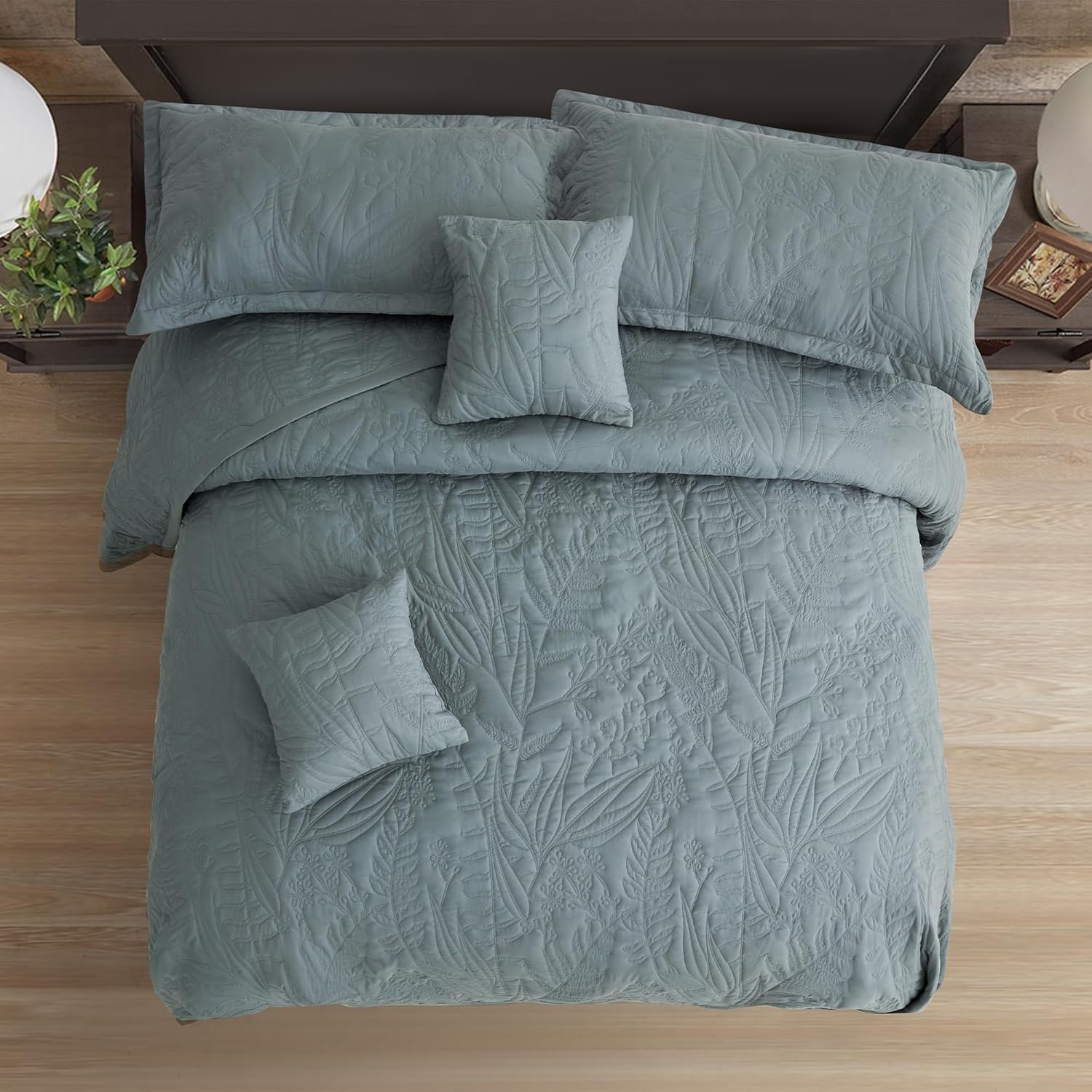 HZ HY Leaves Pattern Oversized King Bedspread Set Grey