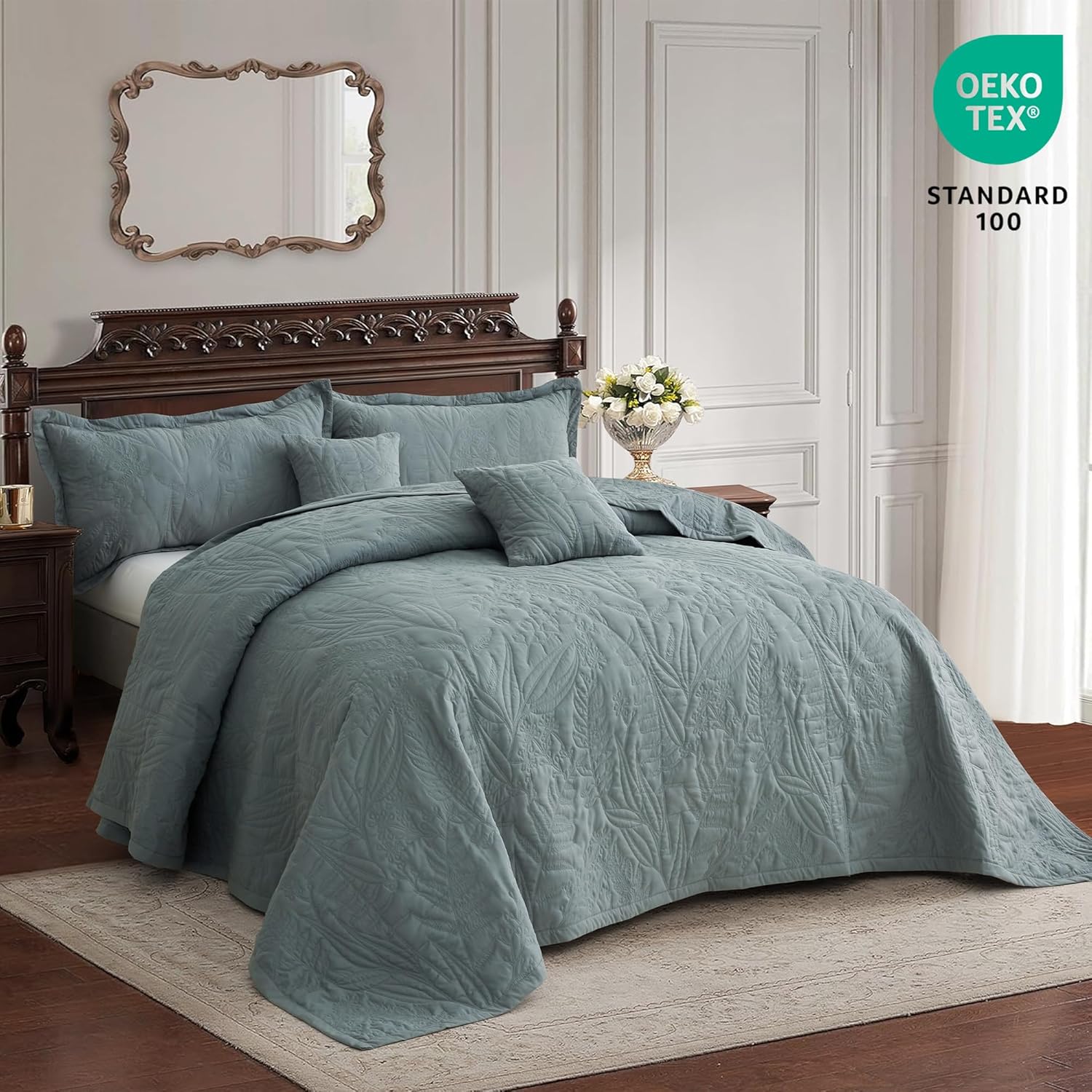 HZ HY Leaves Pattern Oversized King Bedspread Set Grey