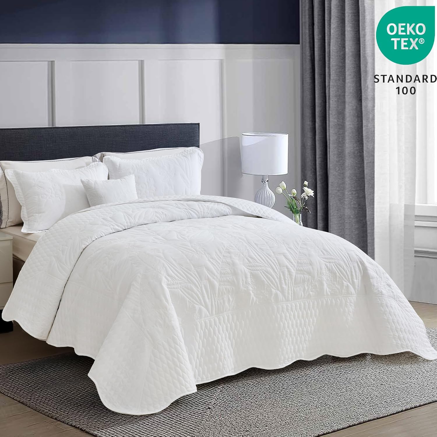 DaisyHuang Botanical Bedspread Set - Leaves Pattern Reversible 4 Piece White