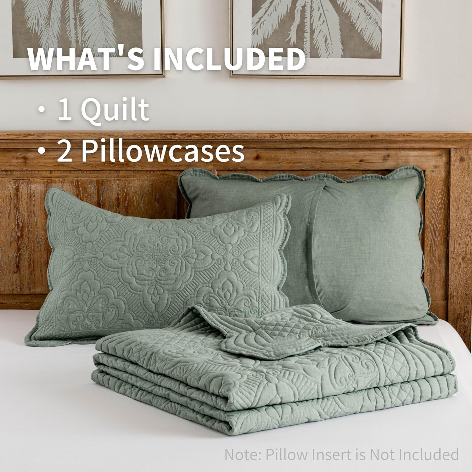 Meadow Park Embroidered Quilt Set Queen - 3 Pieces Green