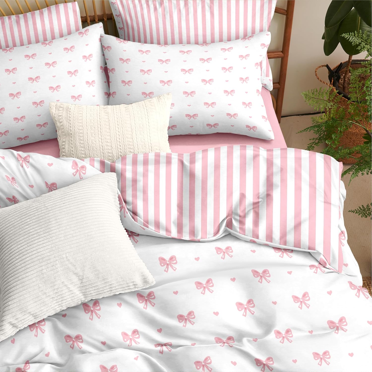 Sedefen Bow Comforter Set Queen Size Pink Striped