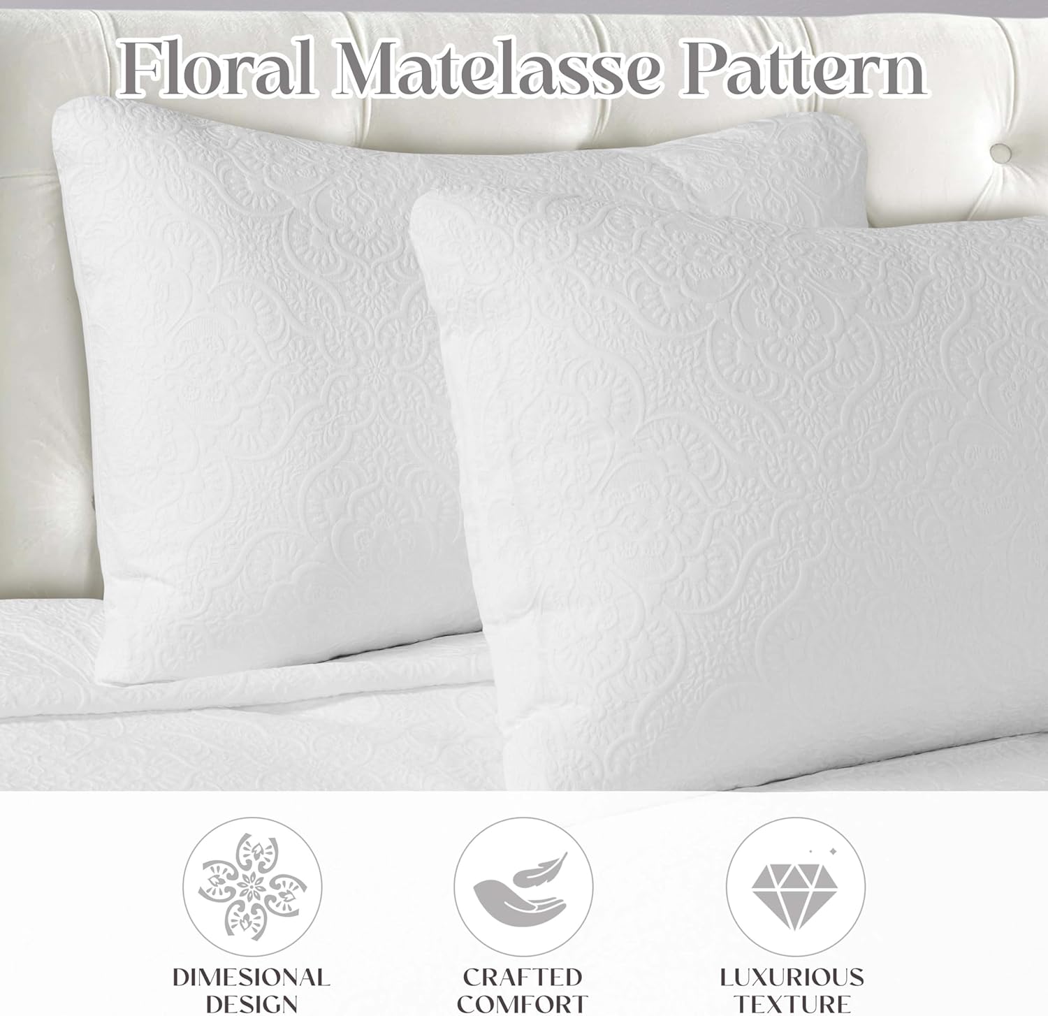 Superior 3 Piece Bedspread Set White Floral Matelasse 1