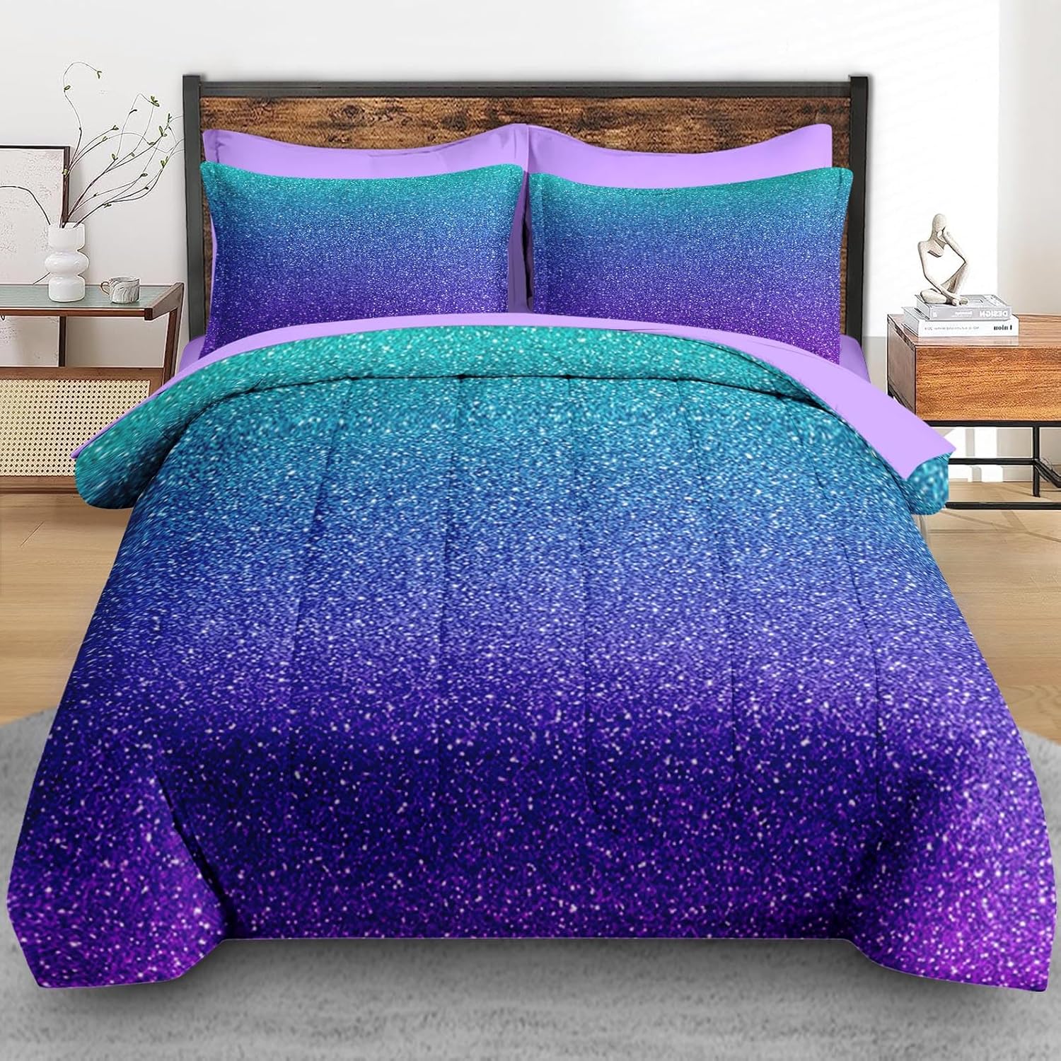 Pamnest Comforter Set Full Size Purple Glitter 7 Pcs