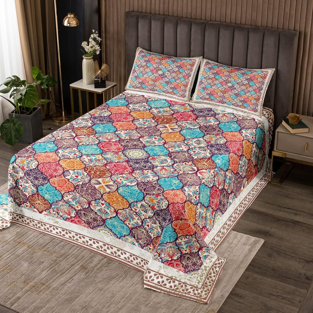Erosebridal Exotic Boho Damask Flower Quilted Bedspread Set