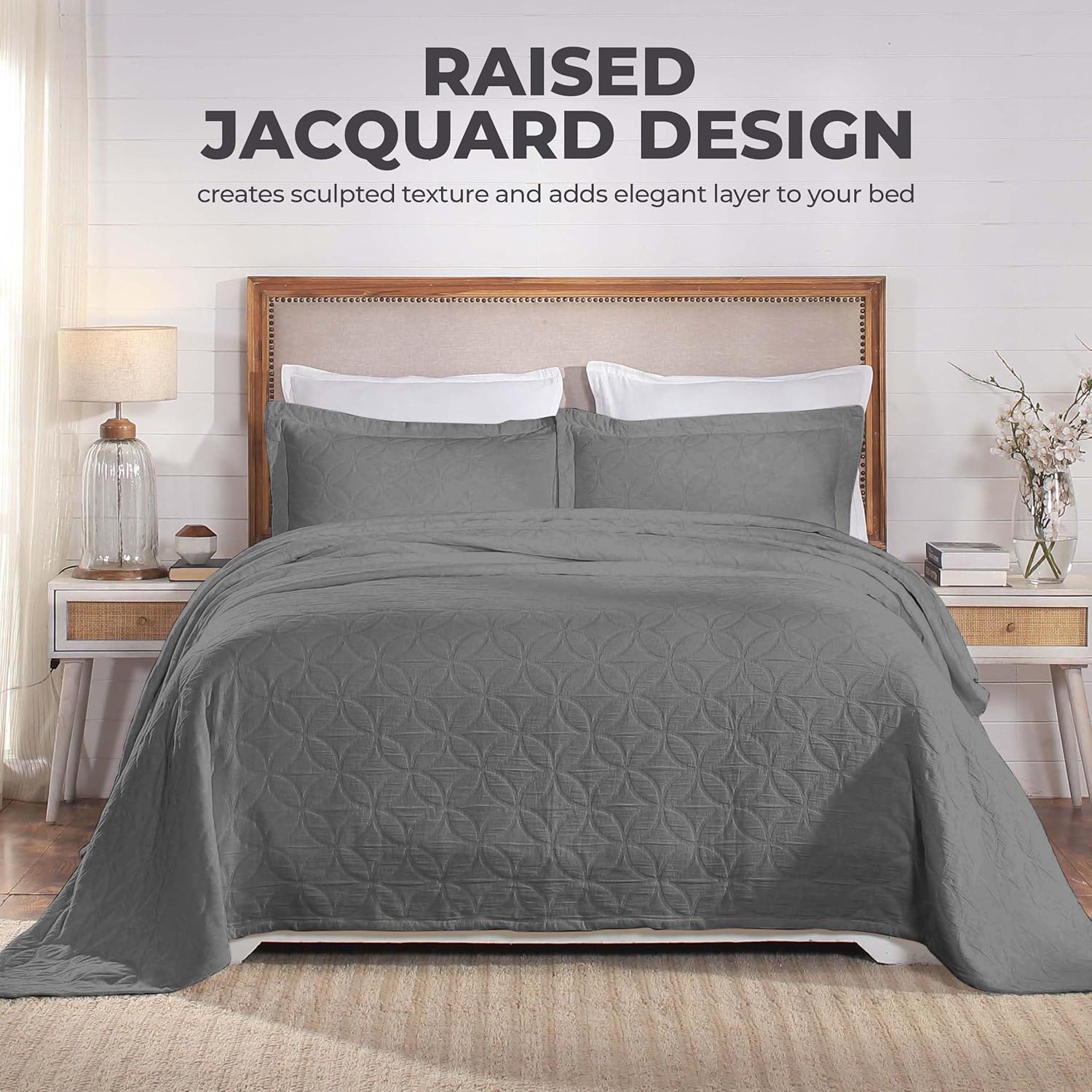 Superior Cotton Bedspread Set with Pillow Shams Grey King Size