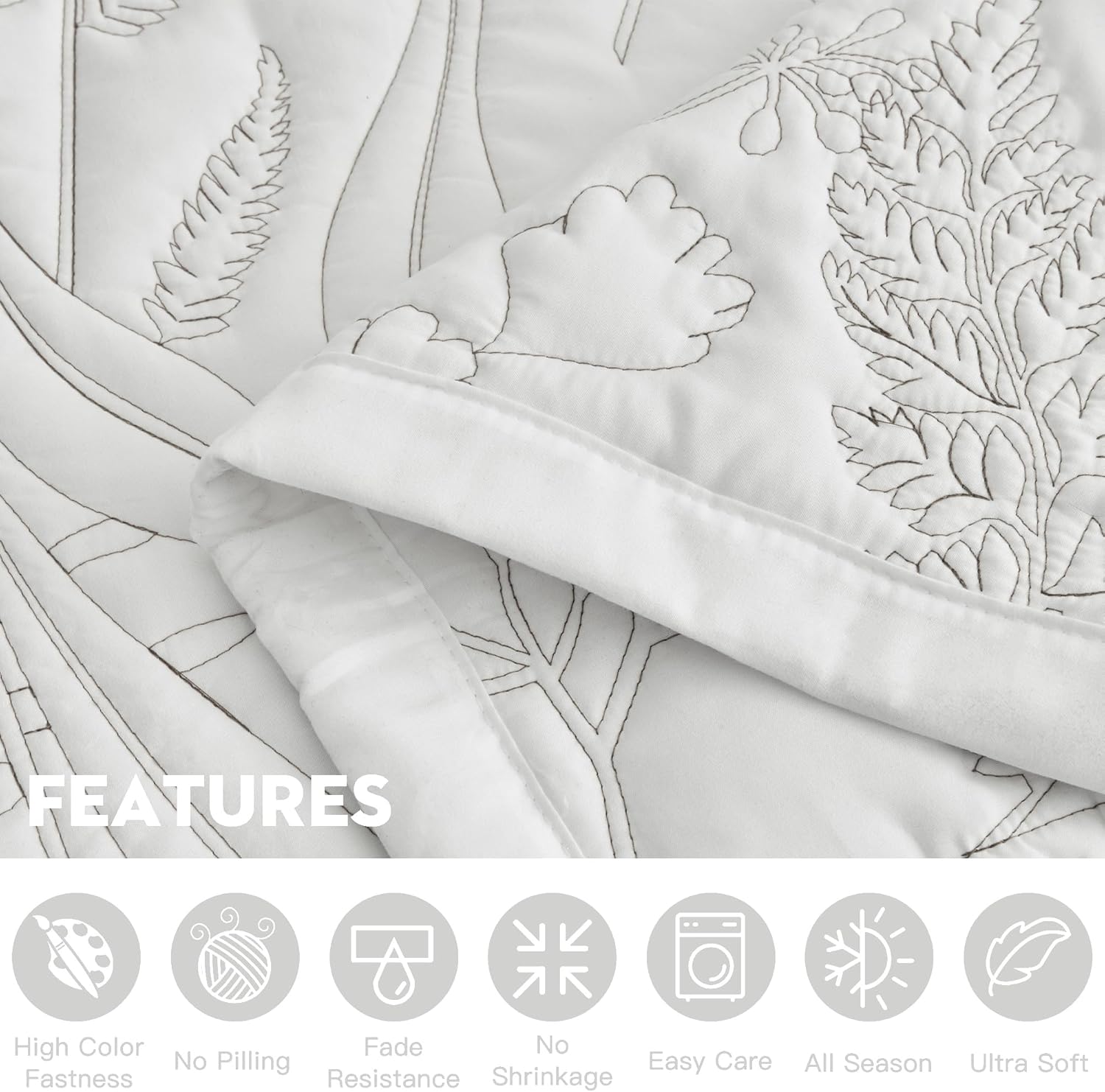 HZ HY Leaves Pattern Queen Bedspread Set Reversible Lightweight 5 Piece White