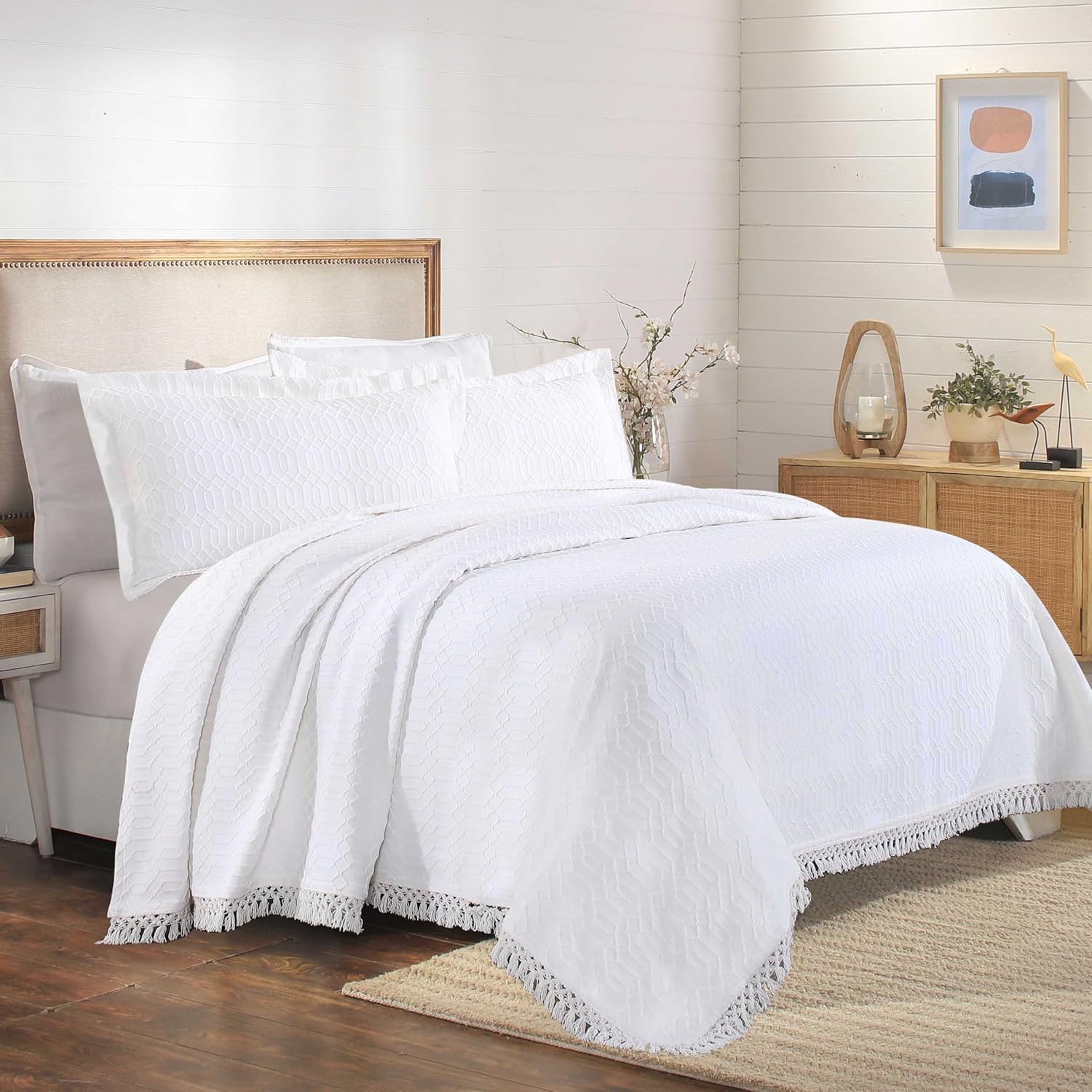 Superior Remi Cotton Blend Bedspread Set 2 Piece Geometric Fringe White