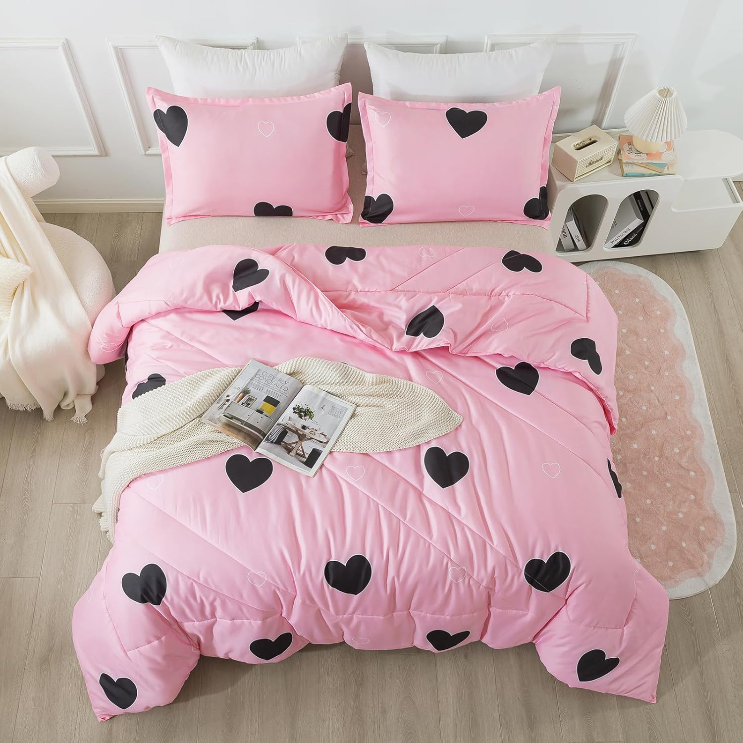 Caressma Love Heart Pink Queen Comforter Set 3 Pieces