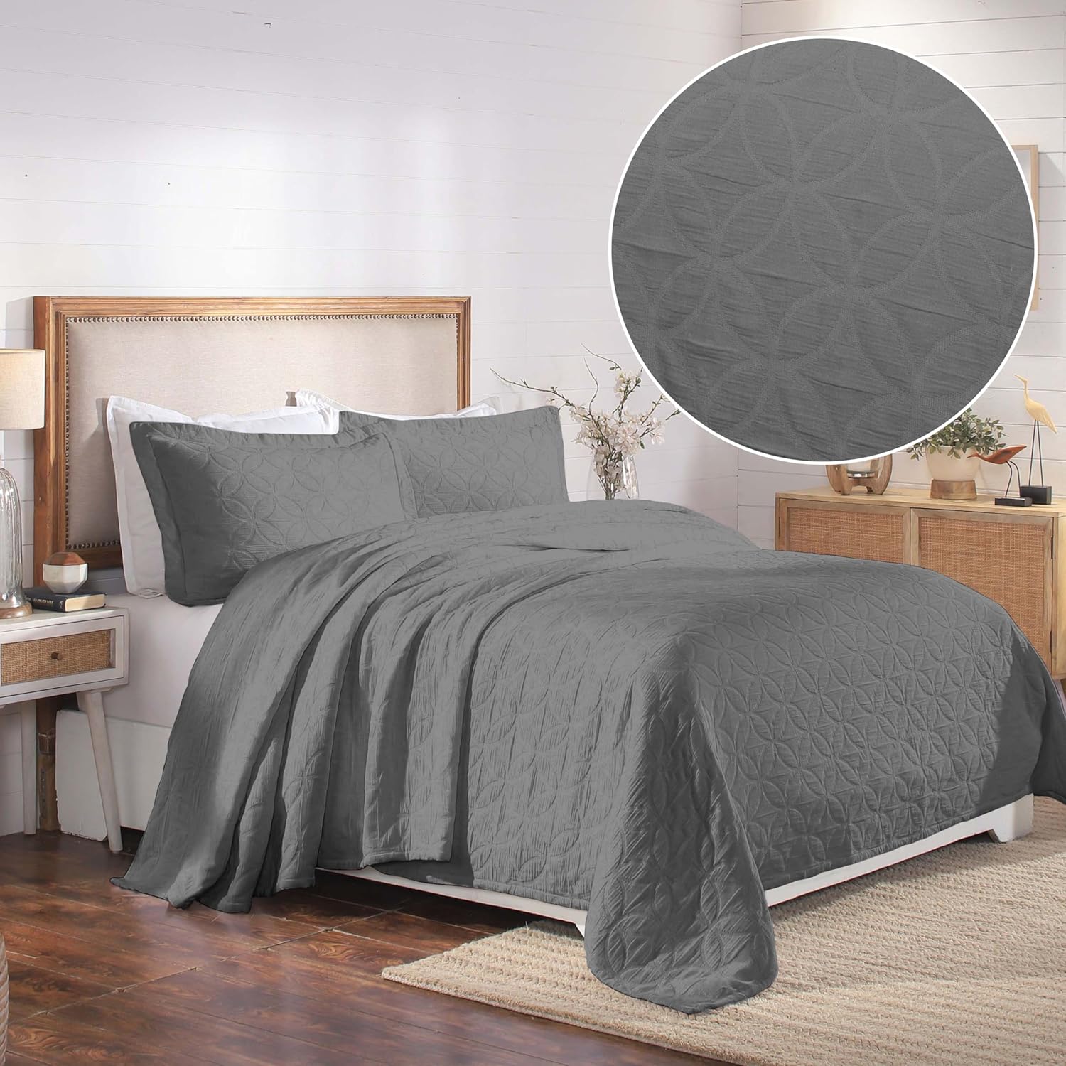 Superior Cotton Bedspread Set with Pillow Shams Grey King Size