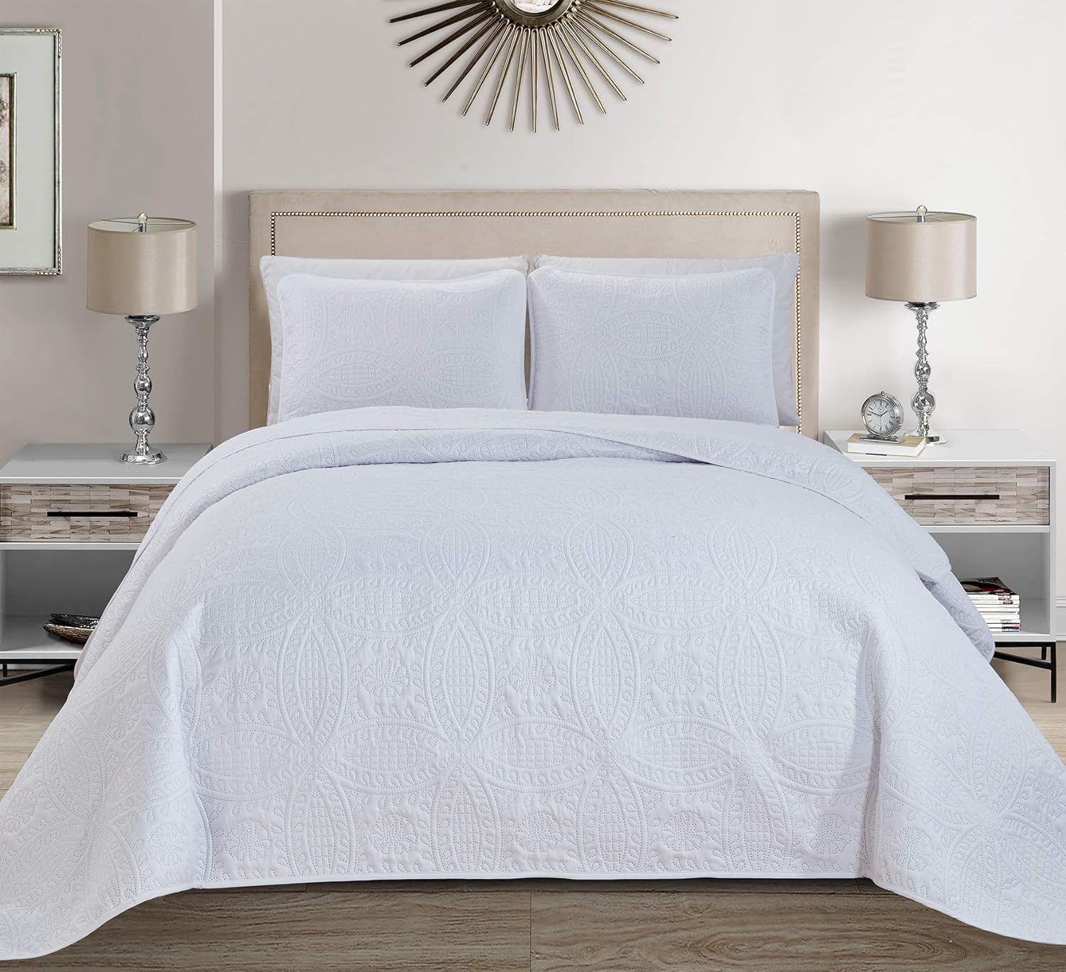 Linen Plus 3 Pieces KingCal King Bedspread Set Solid White Embossed