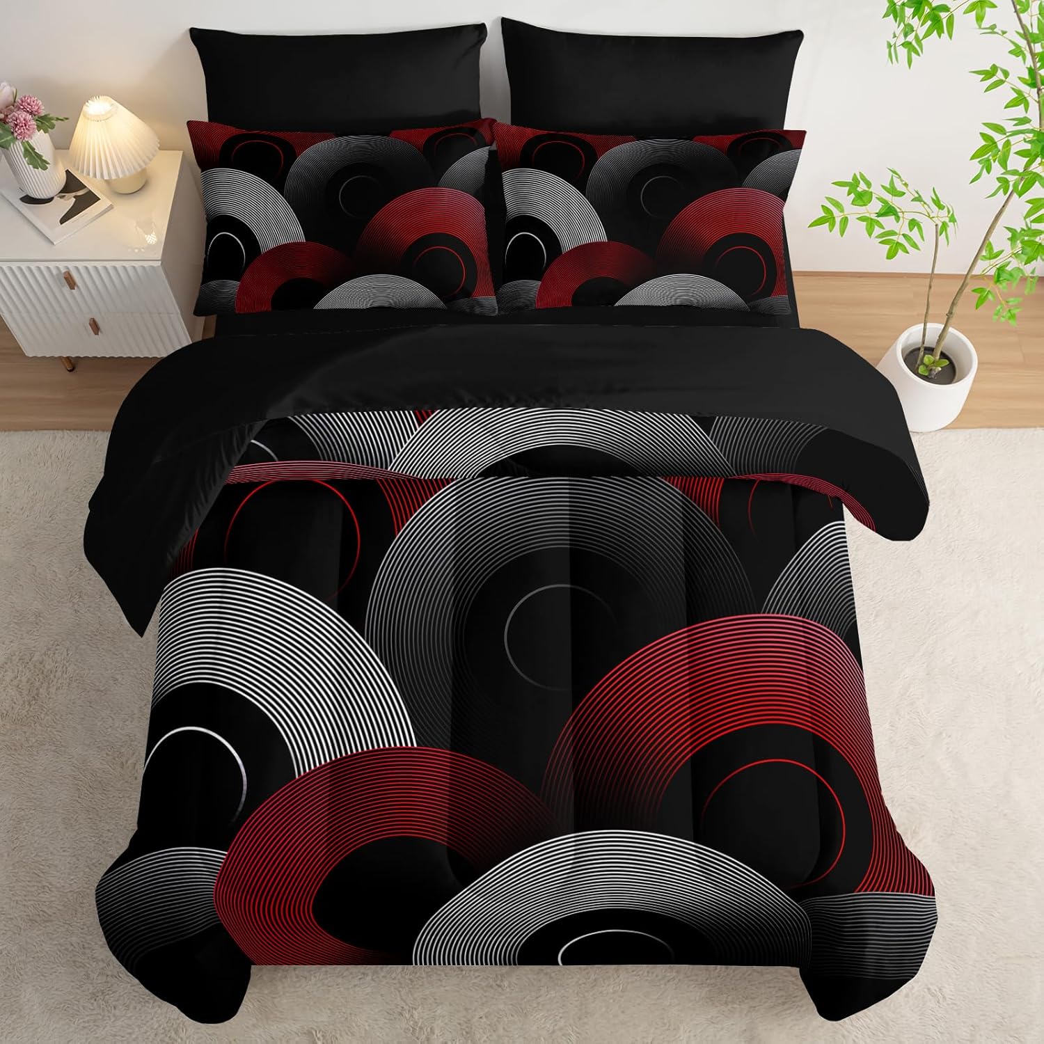 7 Piece Black and Red King Comforter Set with Geometric Pattern