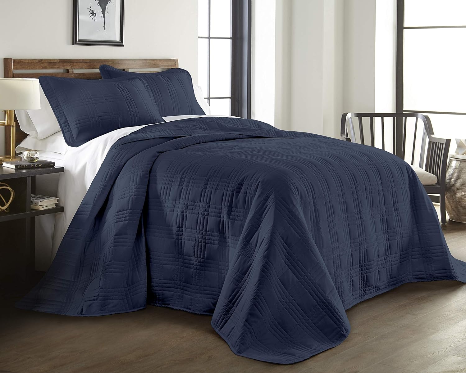 Chezmoi Kingston Queen Bedspread Set 3-Piece Navy