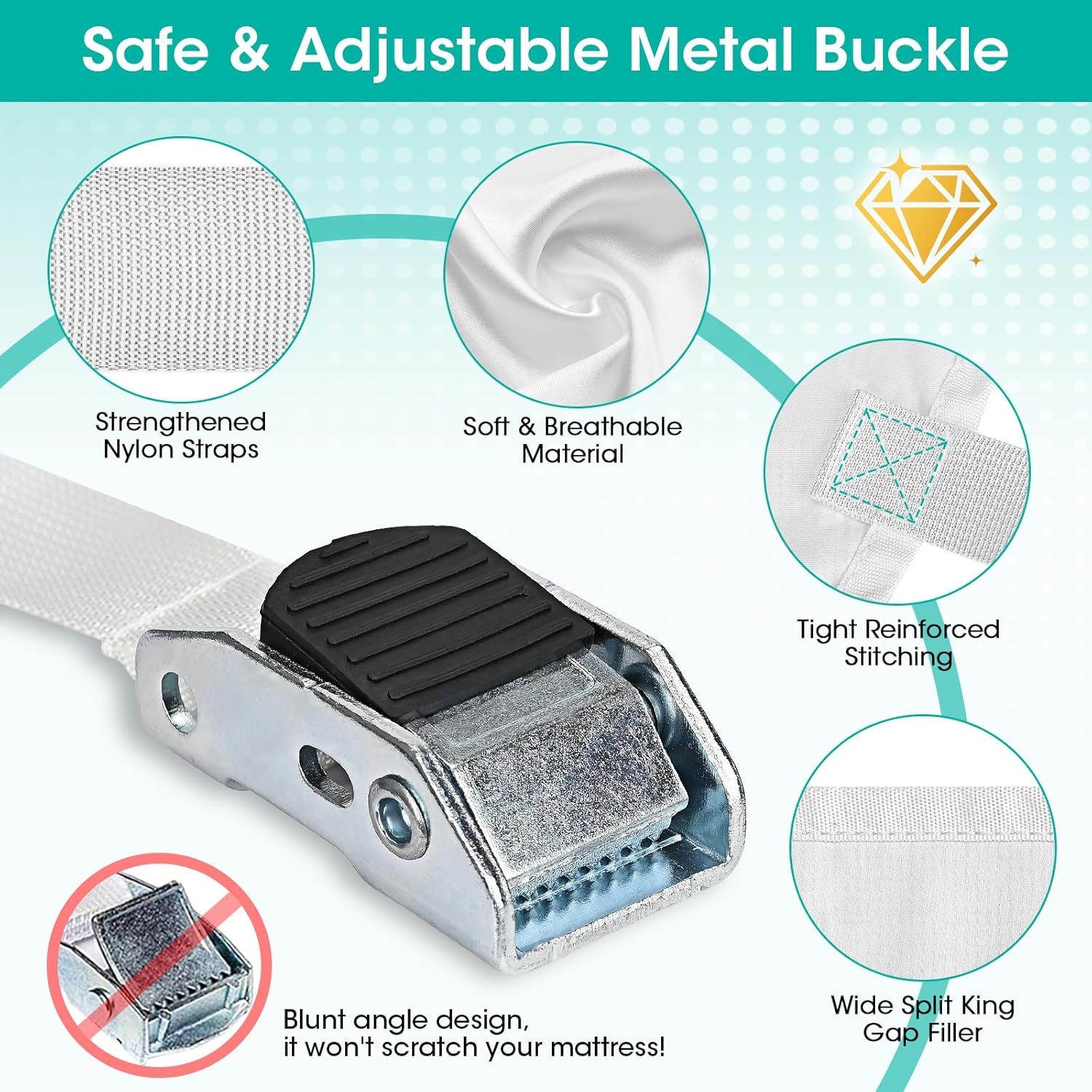 Twin to King Bed Bridge Converter with Metal Buckles and Straps - White