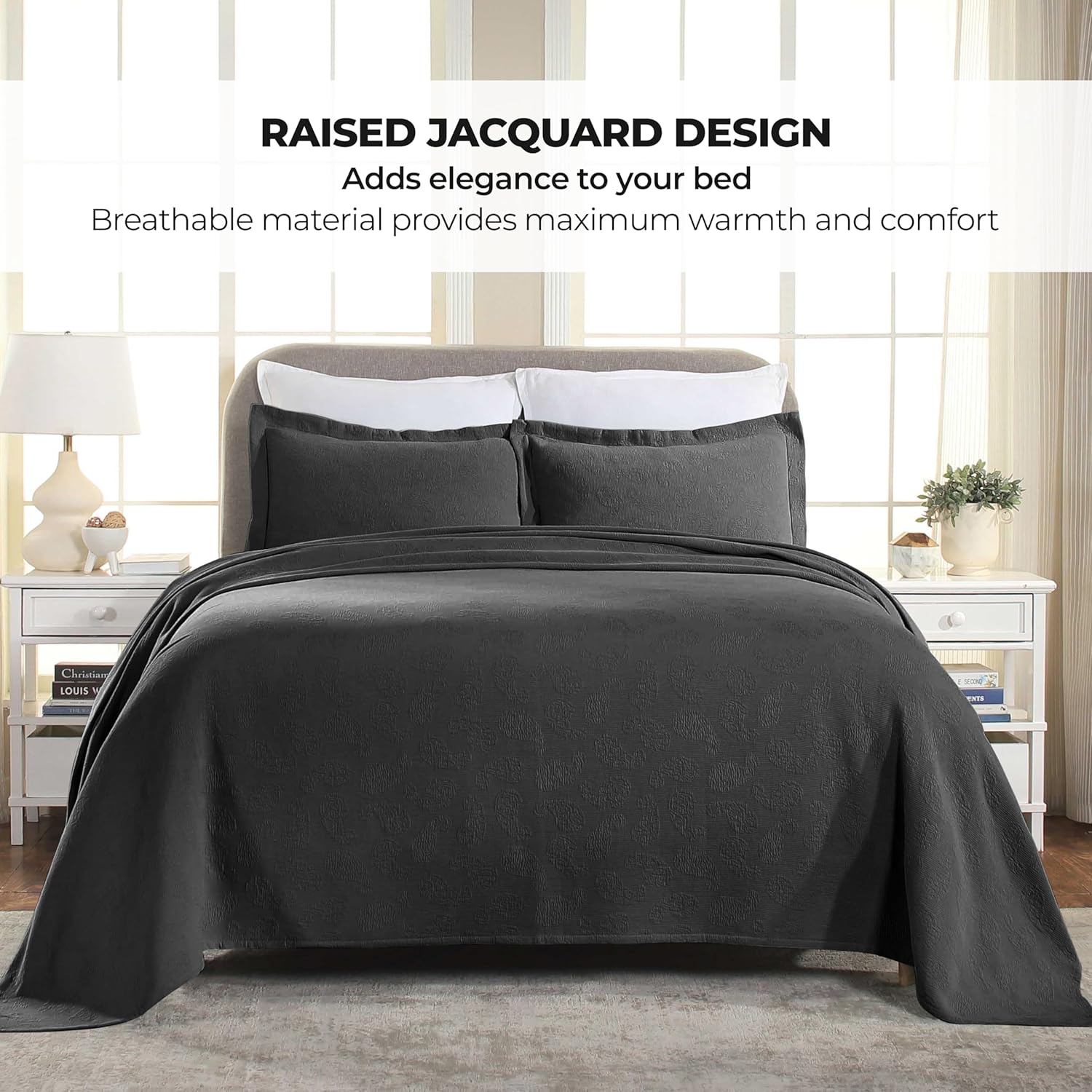 Superior Paisley 3 Piece Cotton Bedspread Set Queen Black