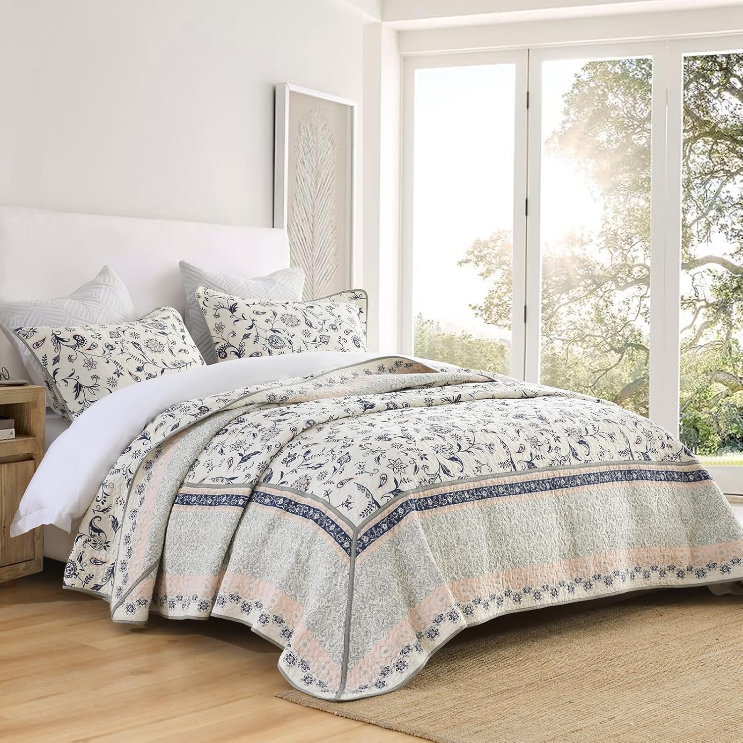 SahSahCasa 100 Cotton Cal King Bedspread Coverlet Quilt Set Navy