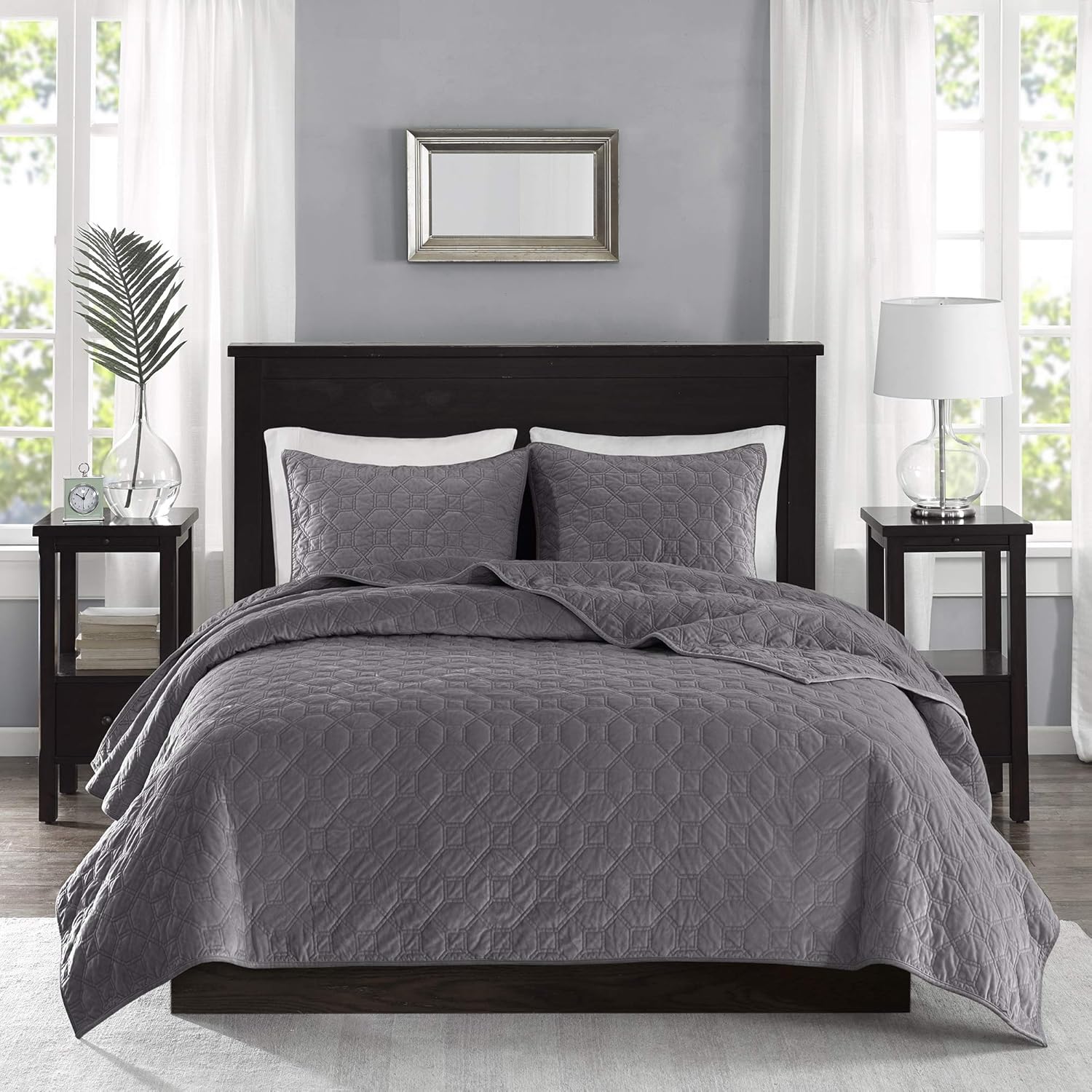 Madison Park Velvet Coverlet Set 3 Piece Grey