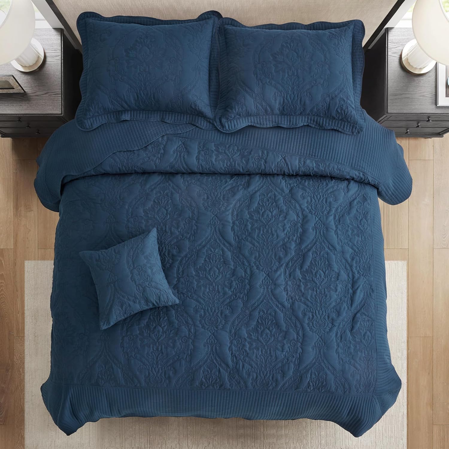 CHIXIN Oversized King Bedspread Set - Navy Damask Paisley Pattern