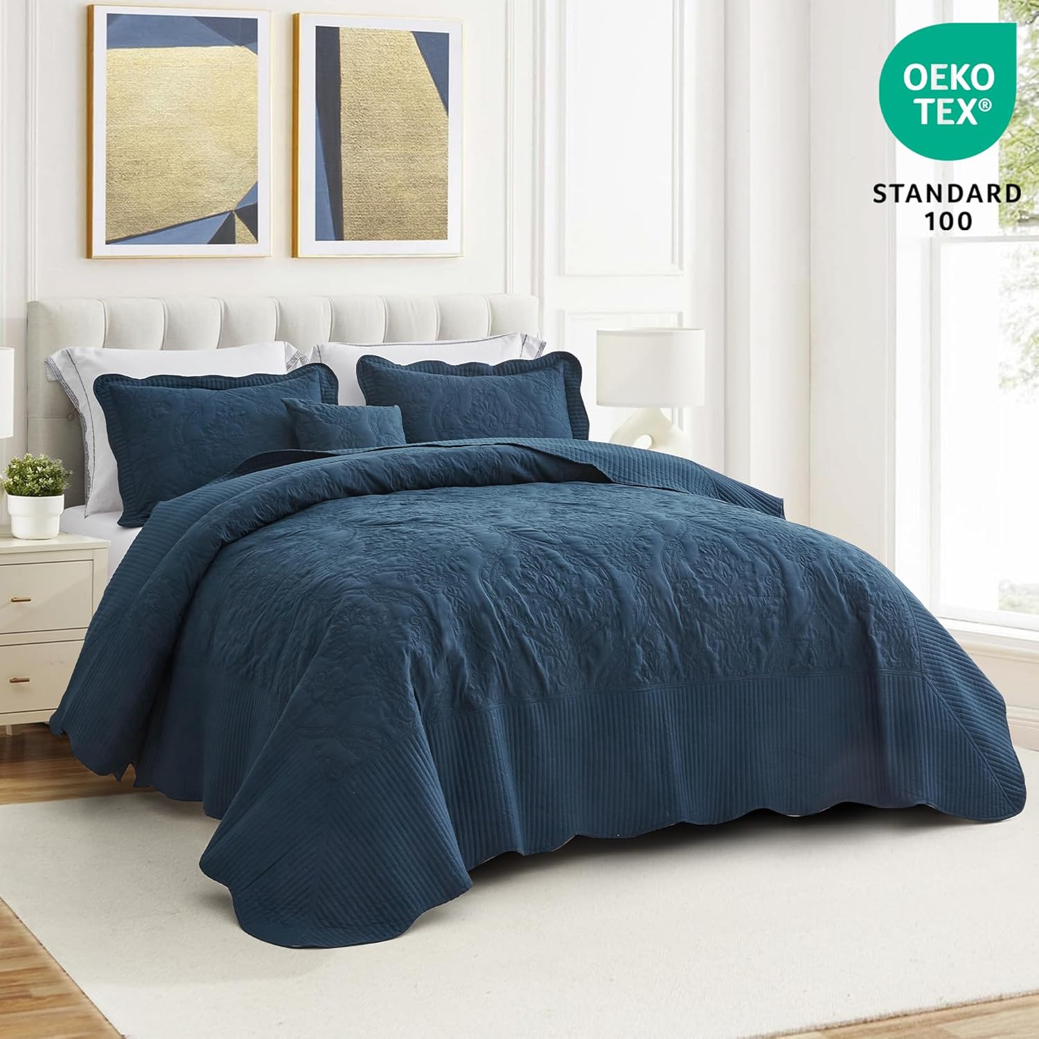 CHIXIN Oversized King Bedspread Set - Navy Damask Paisley Pattern