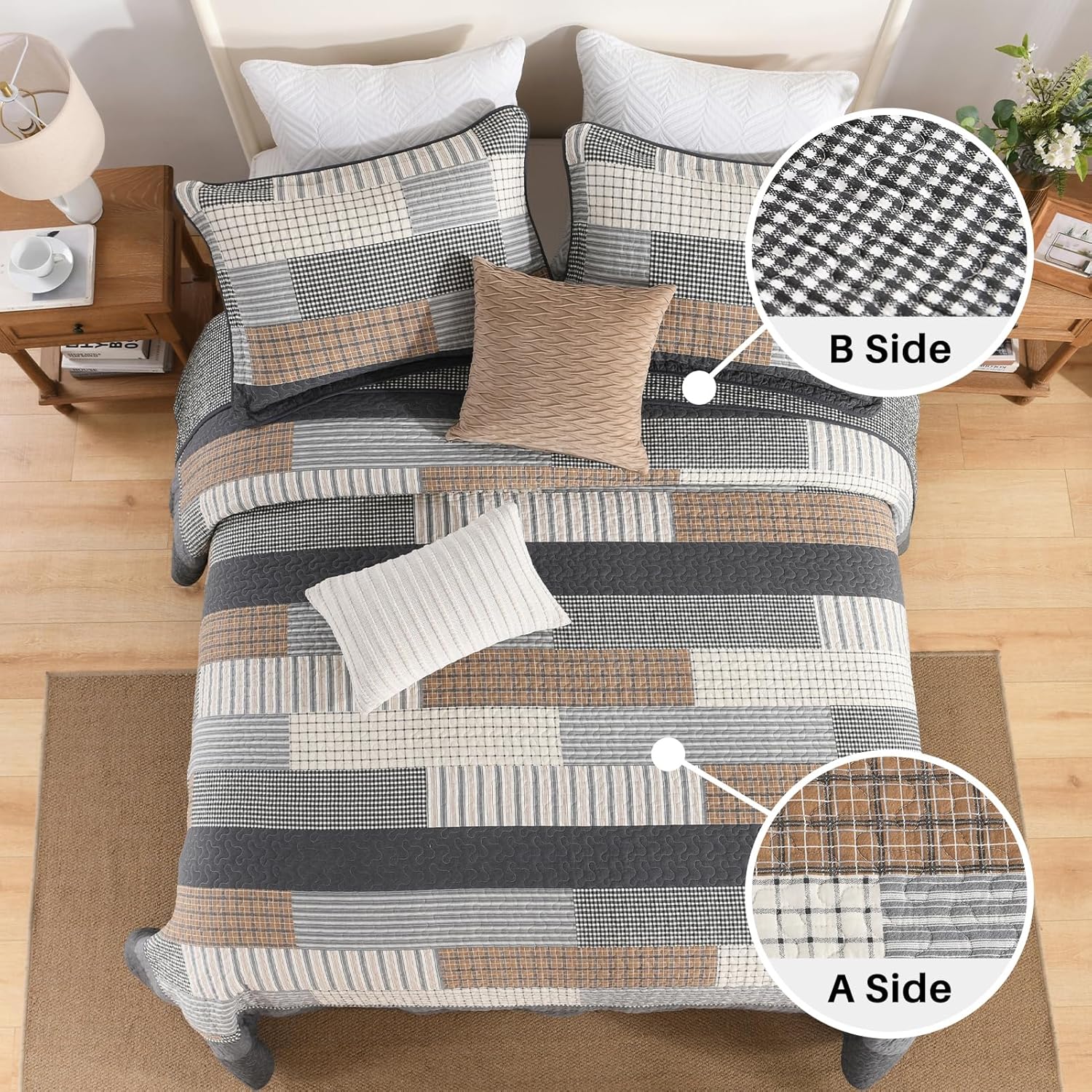 FineStichery 128x120 Gray Plaid King Bedspread Set