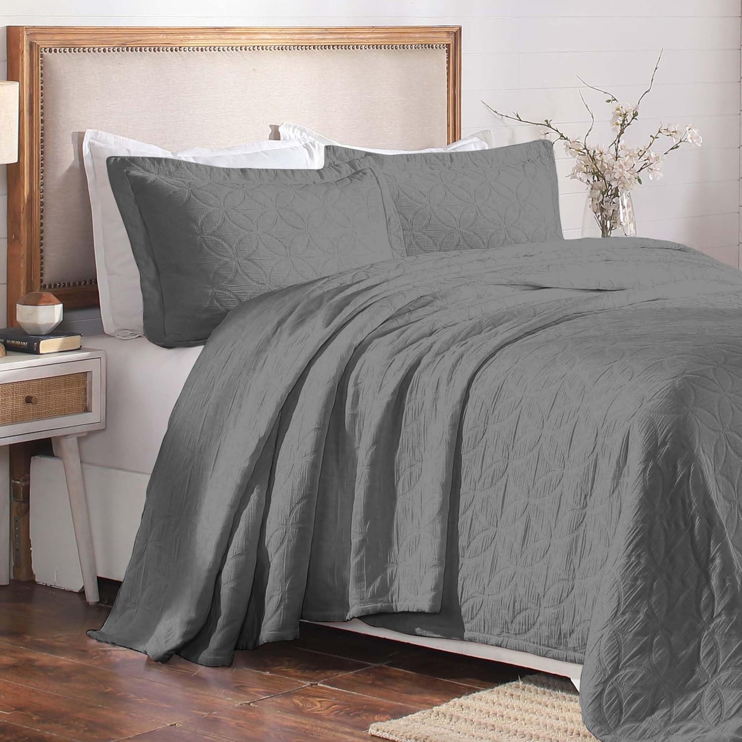 Superior Cotton Bedspread Set with Pillow Shams Grey King Size
