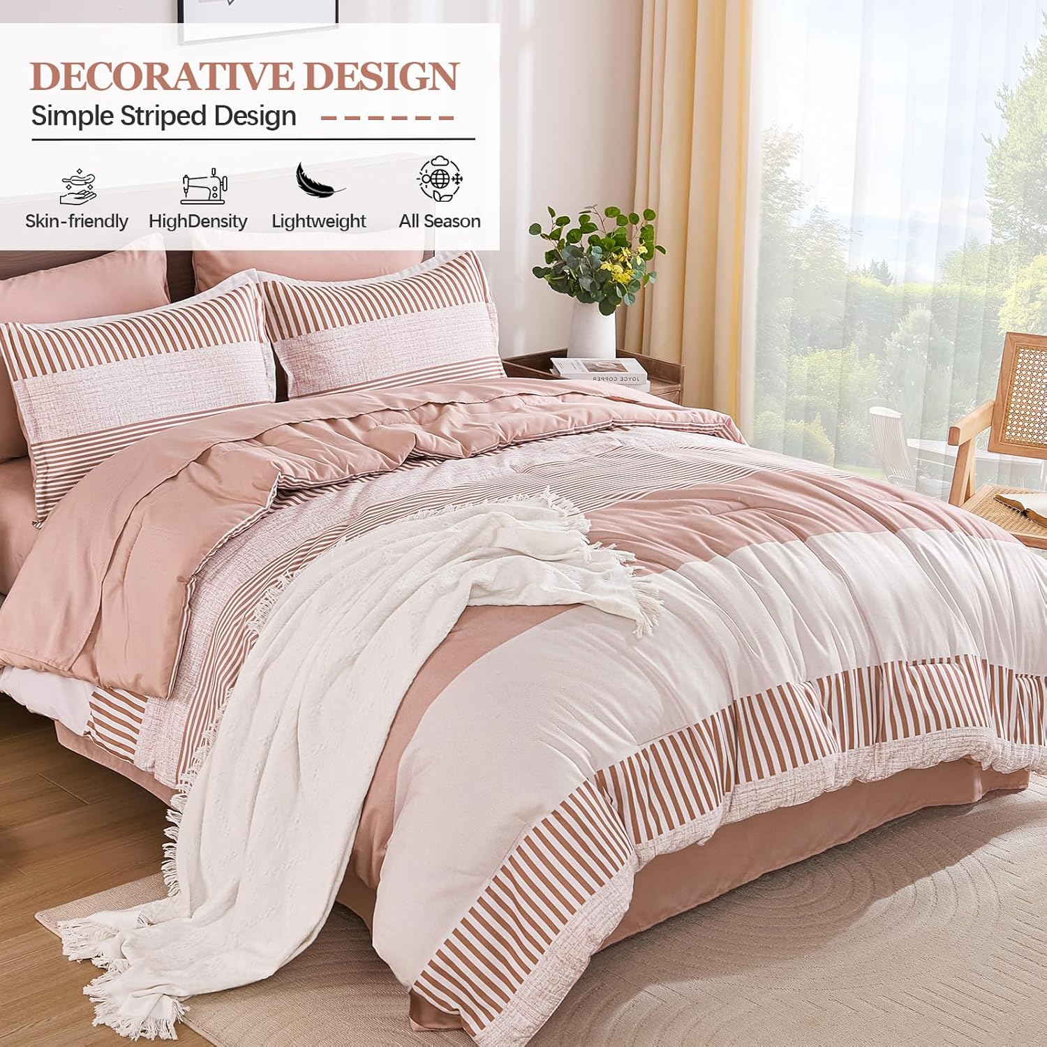 Pink Comforter Set Queen Size Striped Bedding