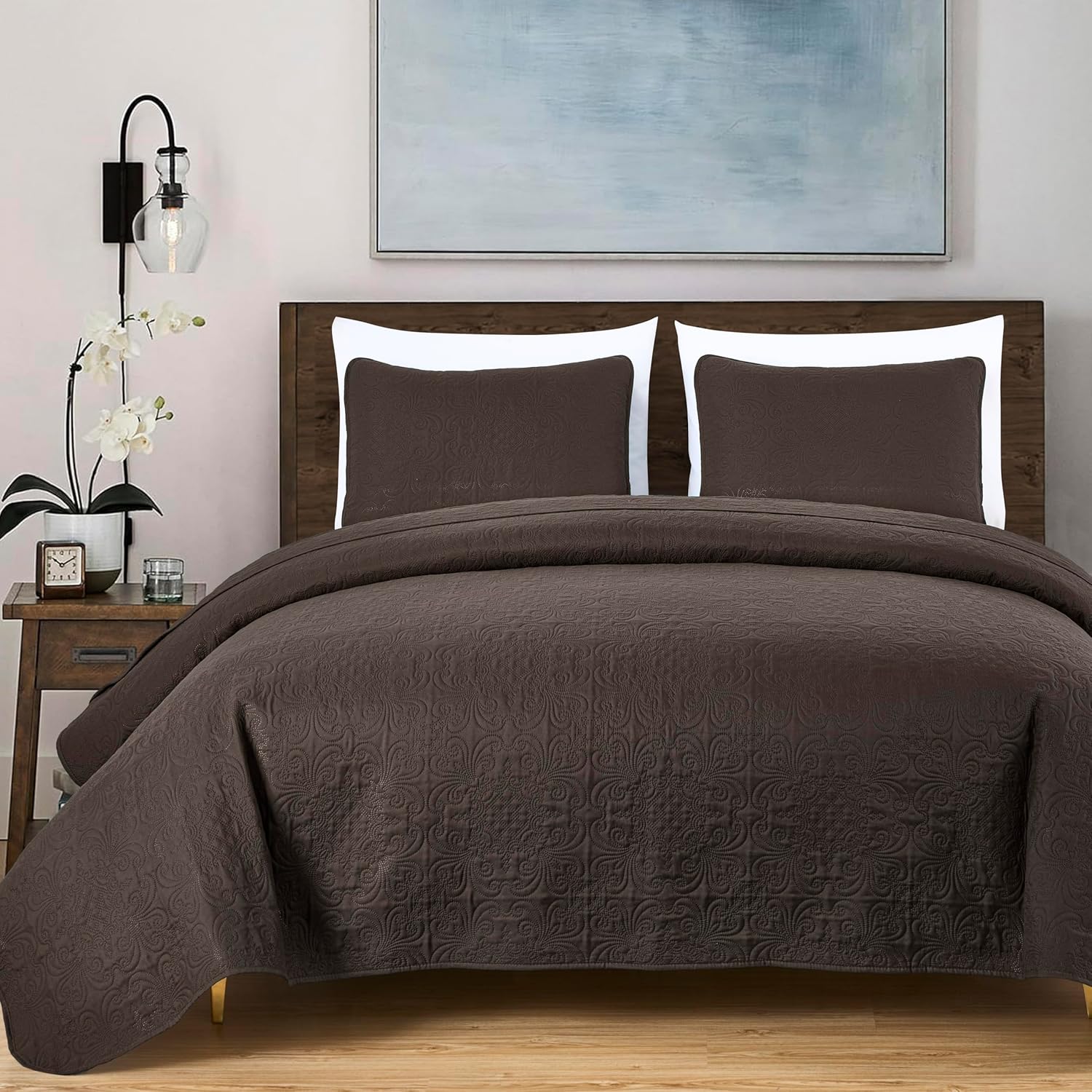Chezmoi Luca 3-Piece Oversized Bedspread Set Queen Size Chocolate