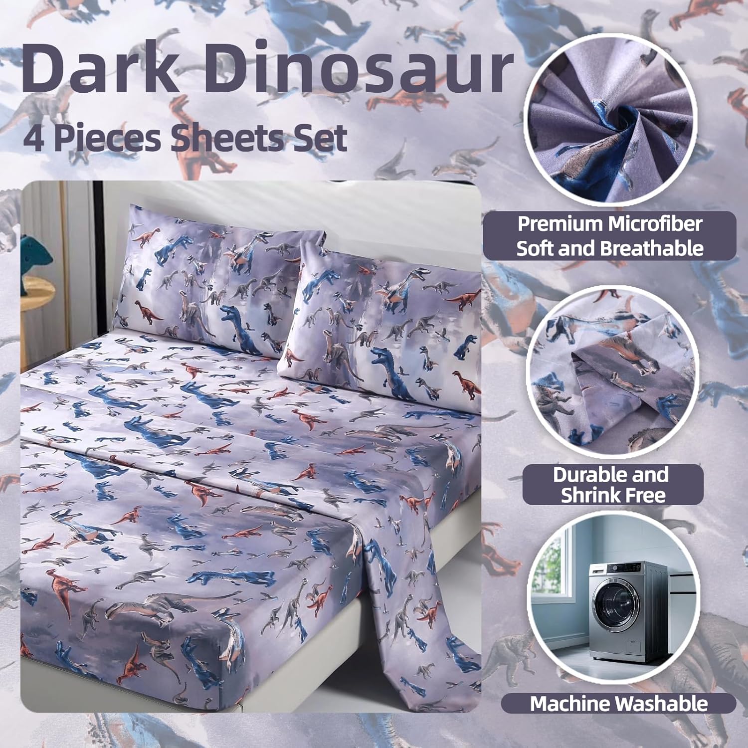 SDIII 4PCS Dinosaur Queen Sheet Set Soft Microfiber Dino Bedding for Kids