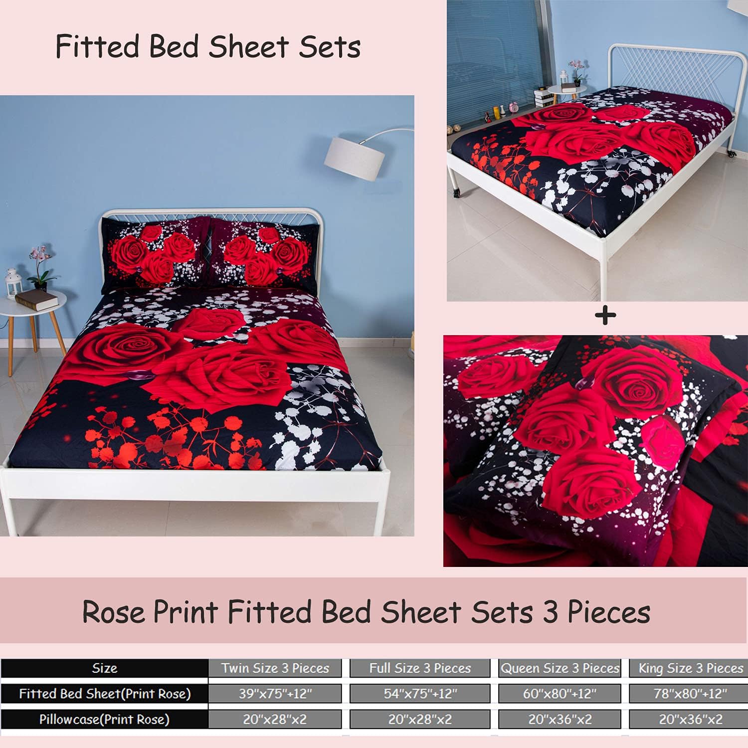 EsyDream 3D Red Rose Fitted Sheet Set - 3 Pieces King Size