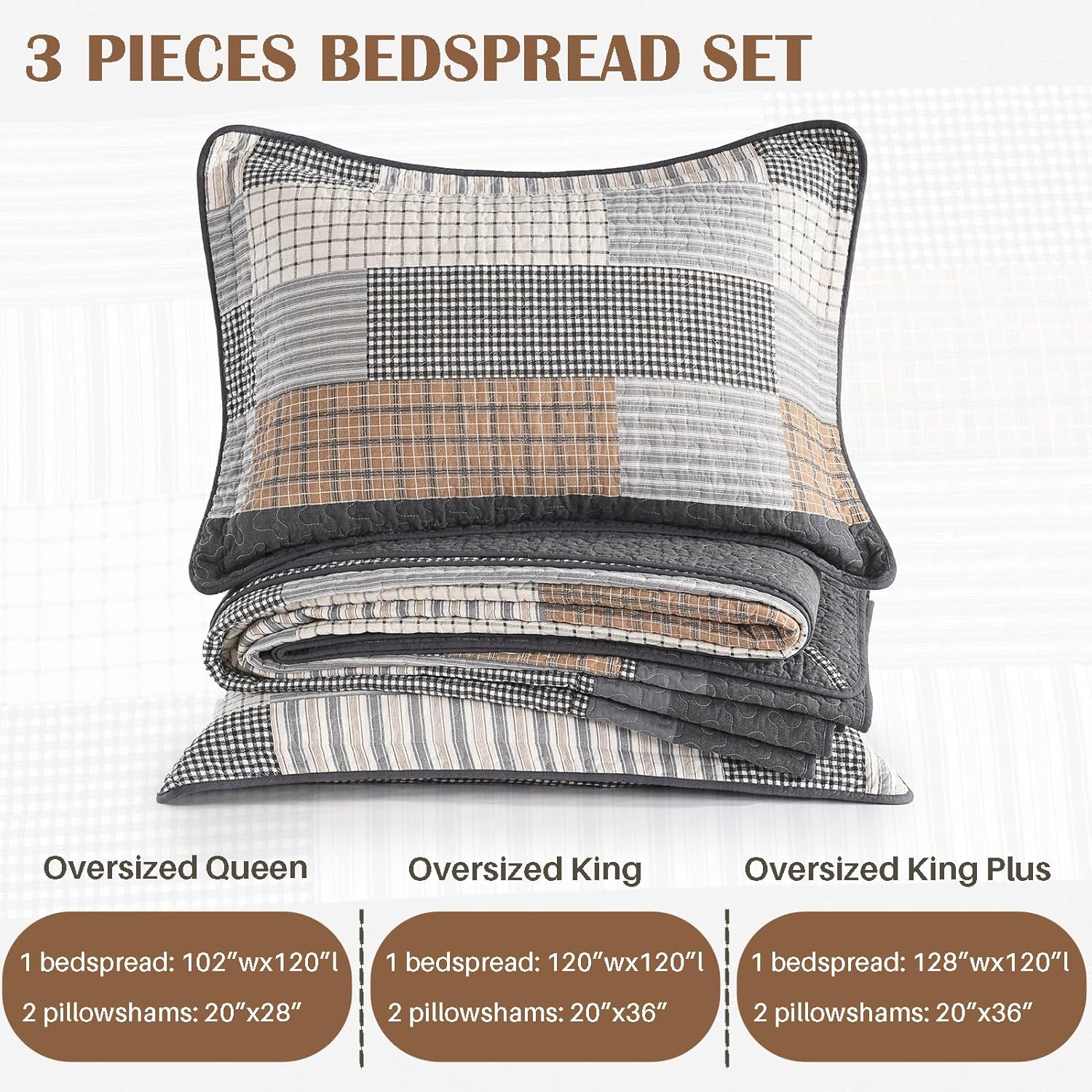 FineStichery 128x120 Gray Plaid King Bedspread Set