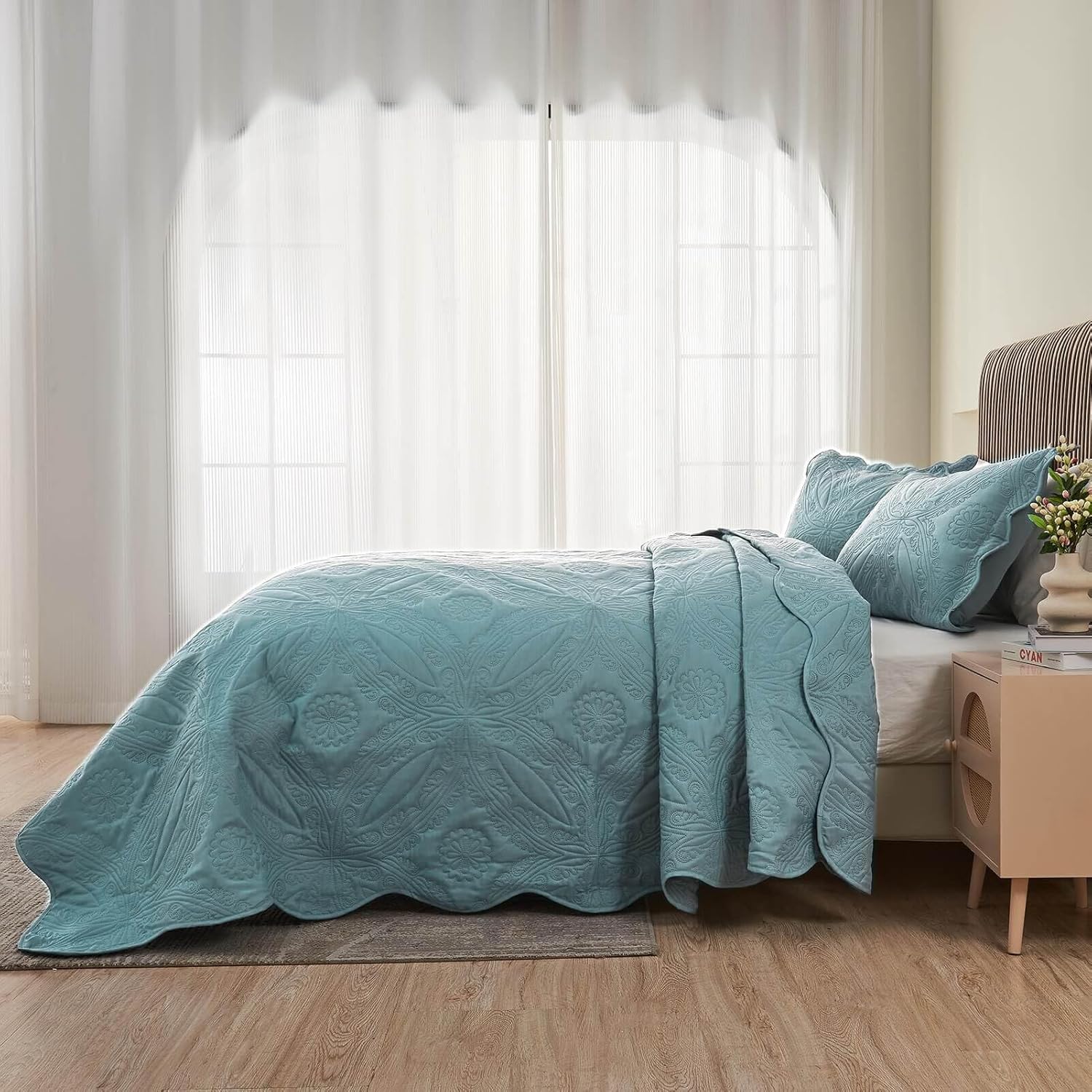 Kingnex Oversized Cal King Bedspread Set 3 Pieces Blue